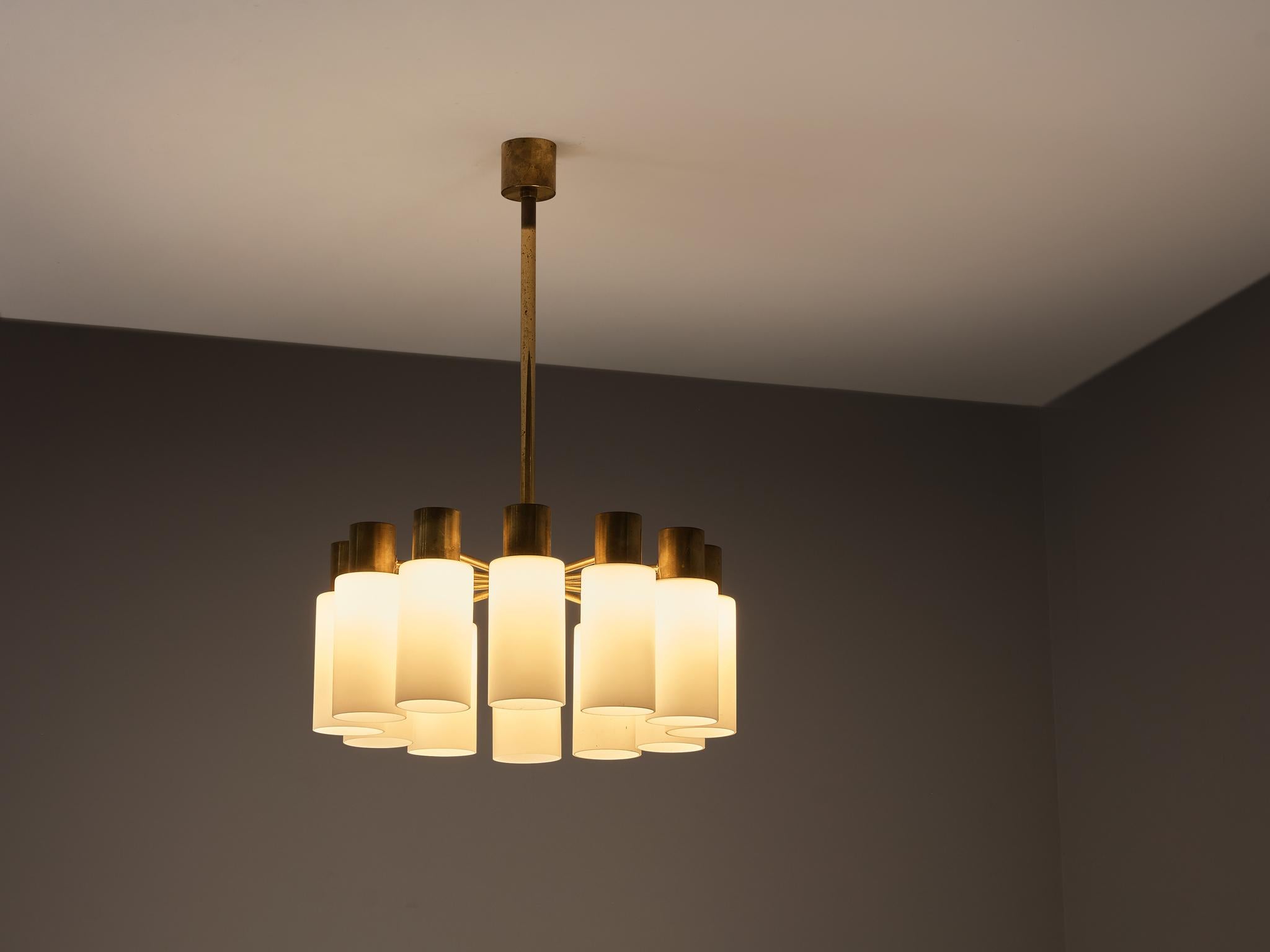 Hans-Agne Jakobsson Chandelier in Brass and White Opaque Glass 1