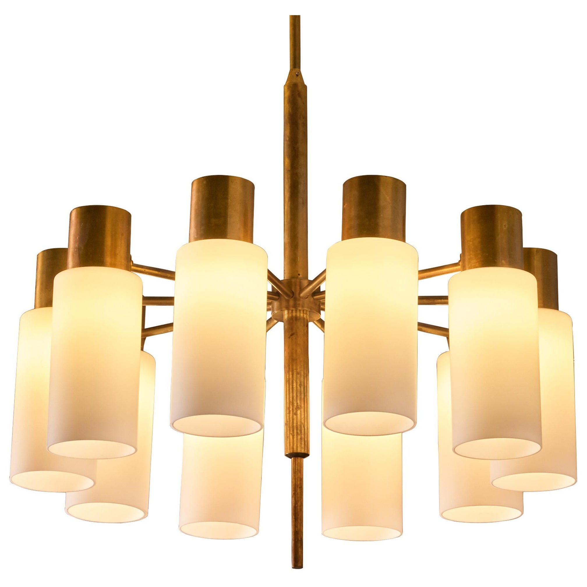 Lampadario Hans-Agne Jakobsson in ottone e vetro bianco opaco