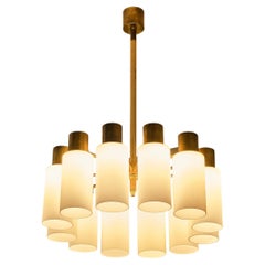 Hans-Agne Jakobsson Chandelier in Brass and White Opaque Glass