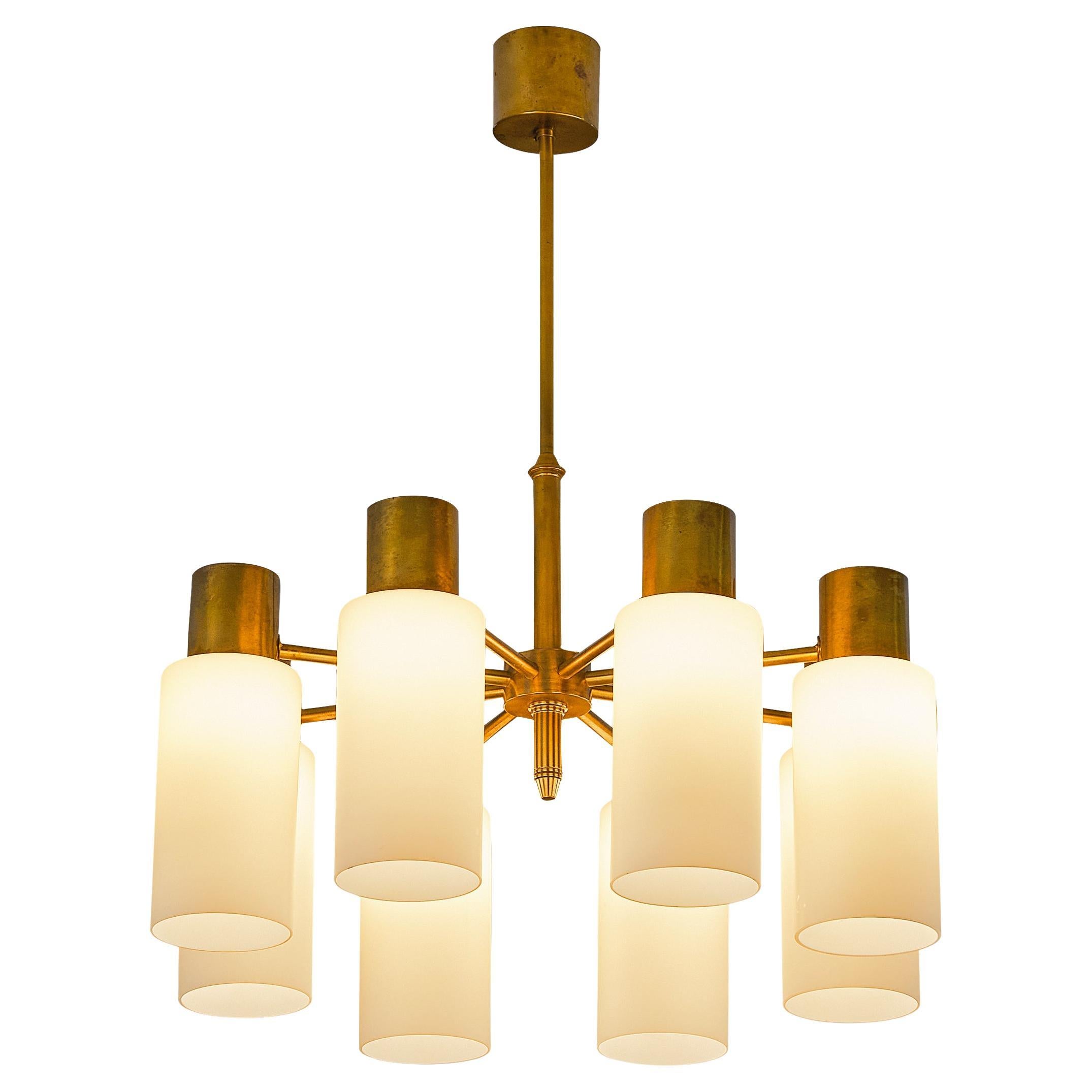 Hans-Agne Jakobsson Chandelier in Brass and White Opaque Glass