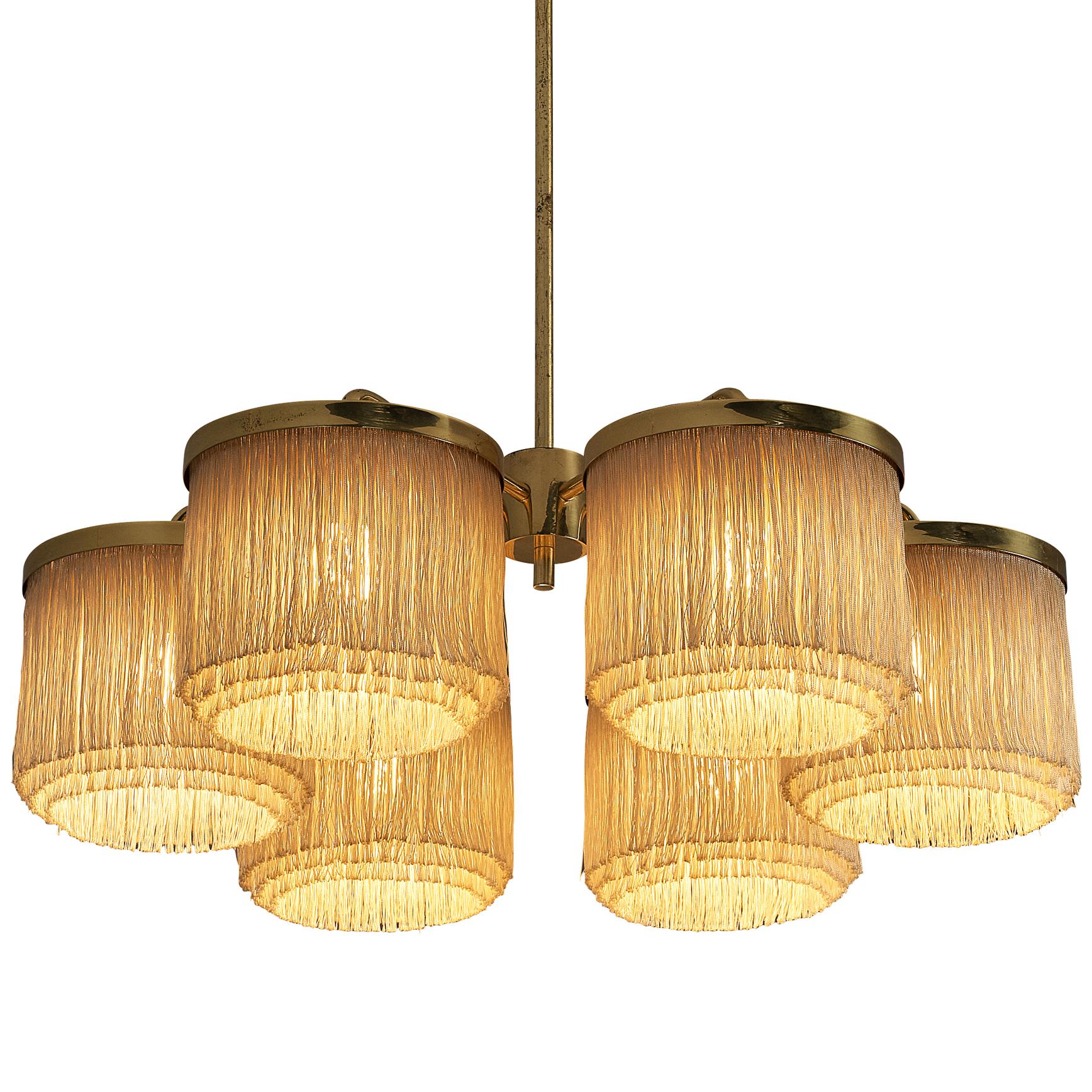Hans-Agne Jakobsson Chandelier in Brass with Beige Silk Fringes For Sale