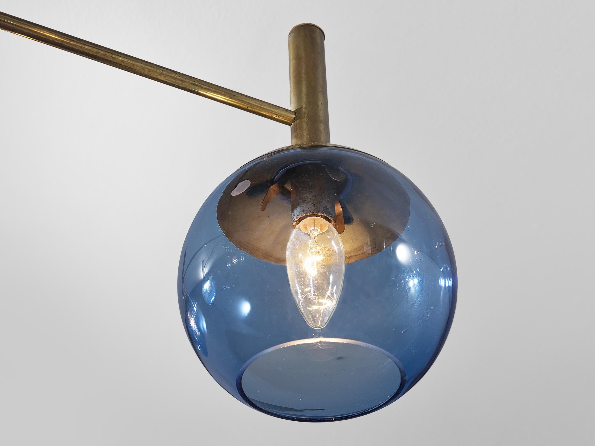 Hans-Agne Jakobsson Chandelier in Brass with Blue Shades  5