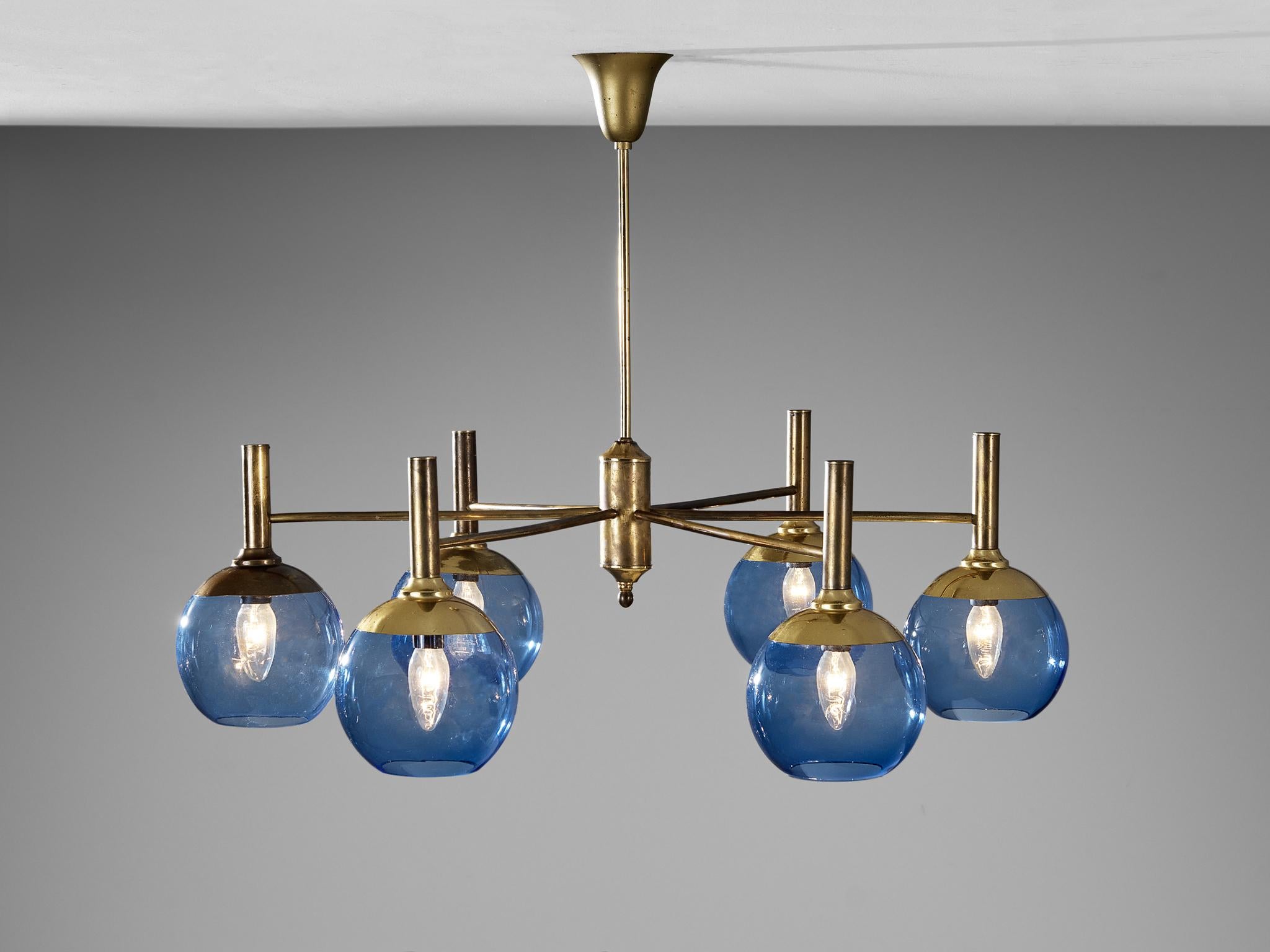 Swedish Hans-Agne Jakobsson Chandelier in Brass with Blue Shades 