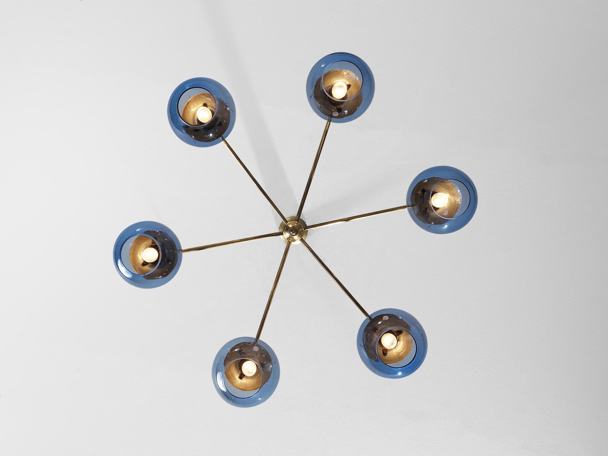 Mid-20th Century Hans-Agne Jakobsson Chandelier in Brass with Blue Shades 