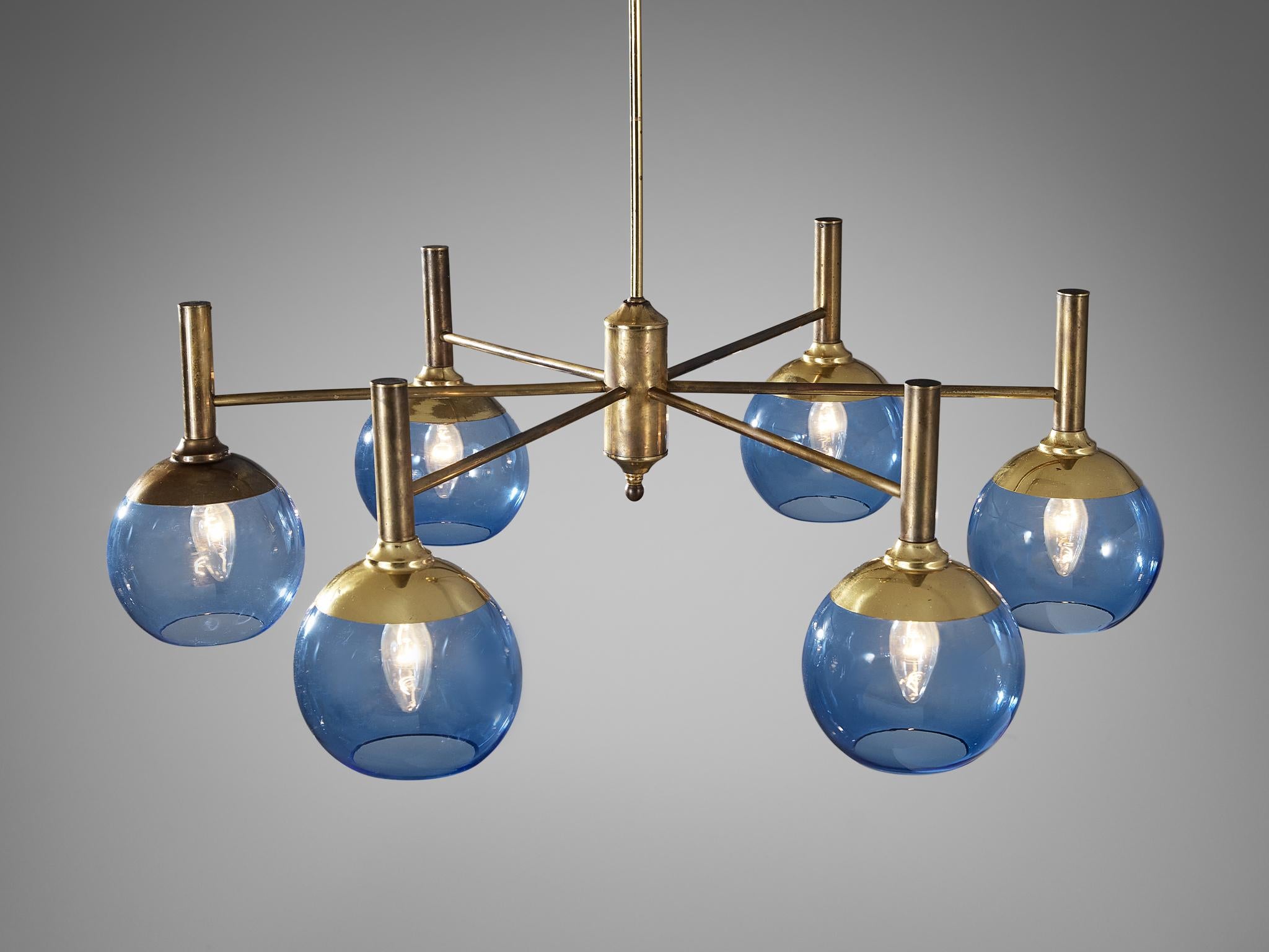 Hans-Agne Jakobsson Chandelier in Brass with Blue Shades  1