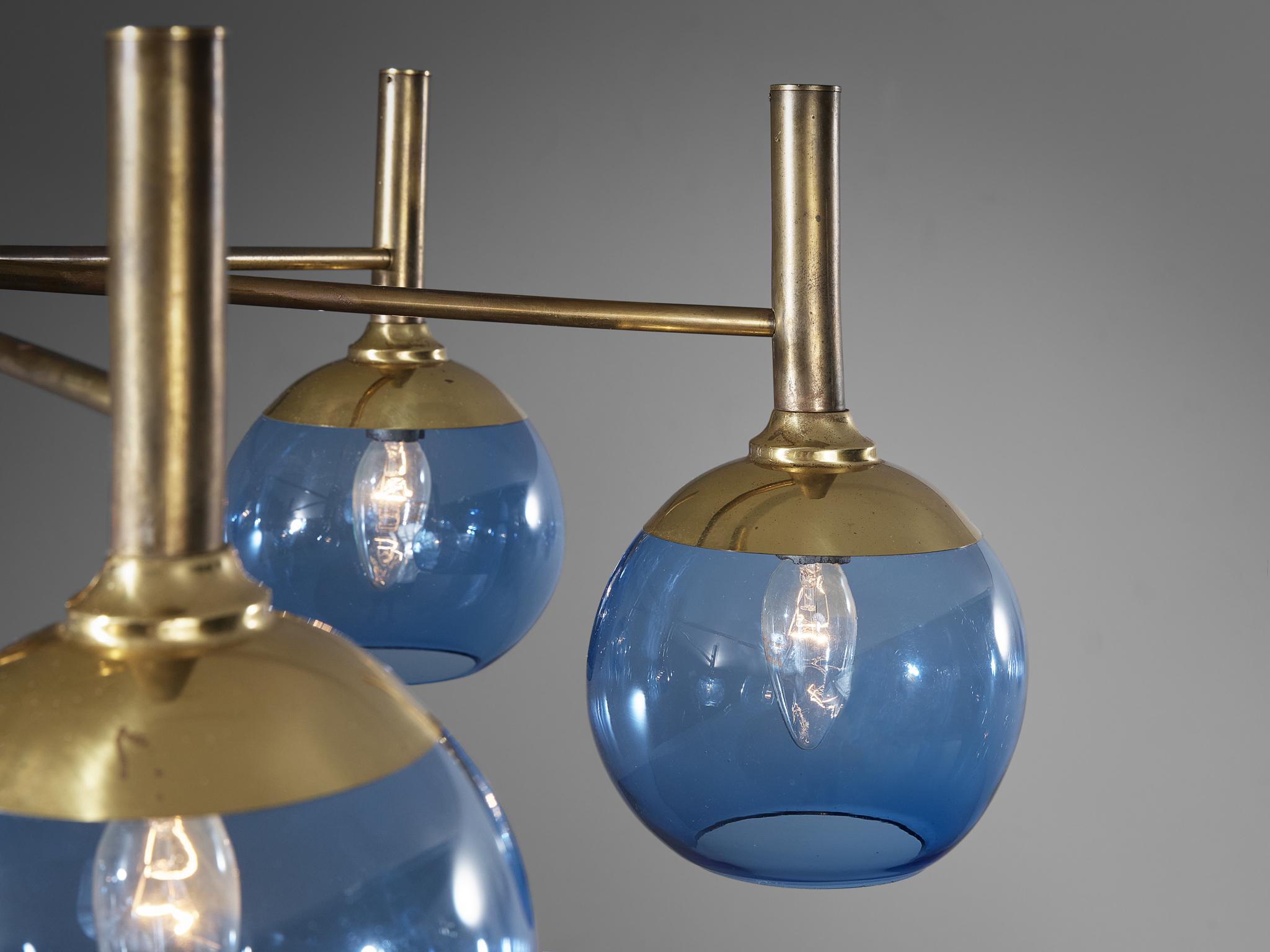 Hans-Agne Jakobsson Chandelier in Brass with Blue Shades  2