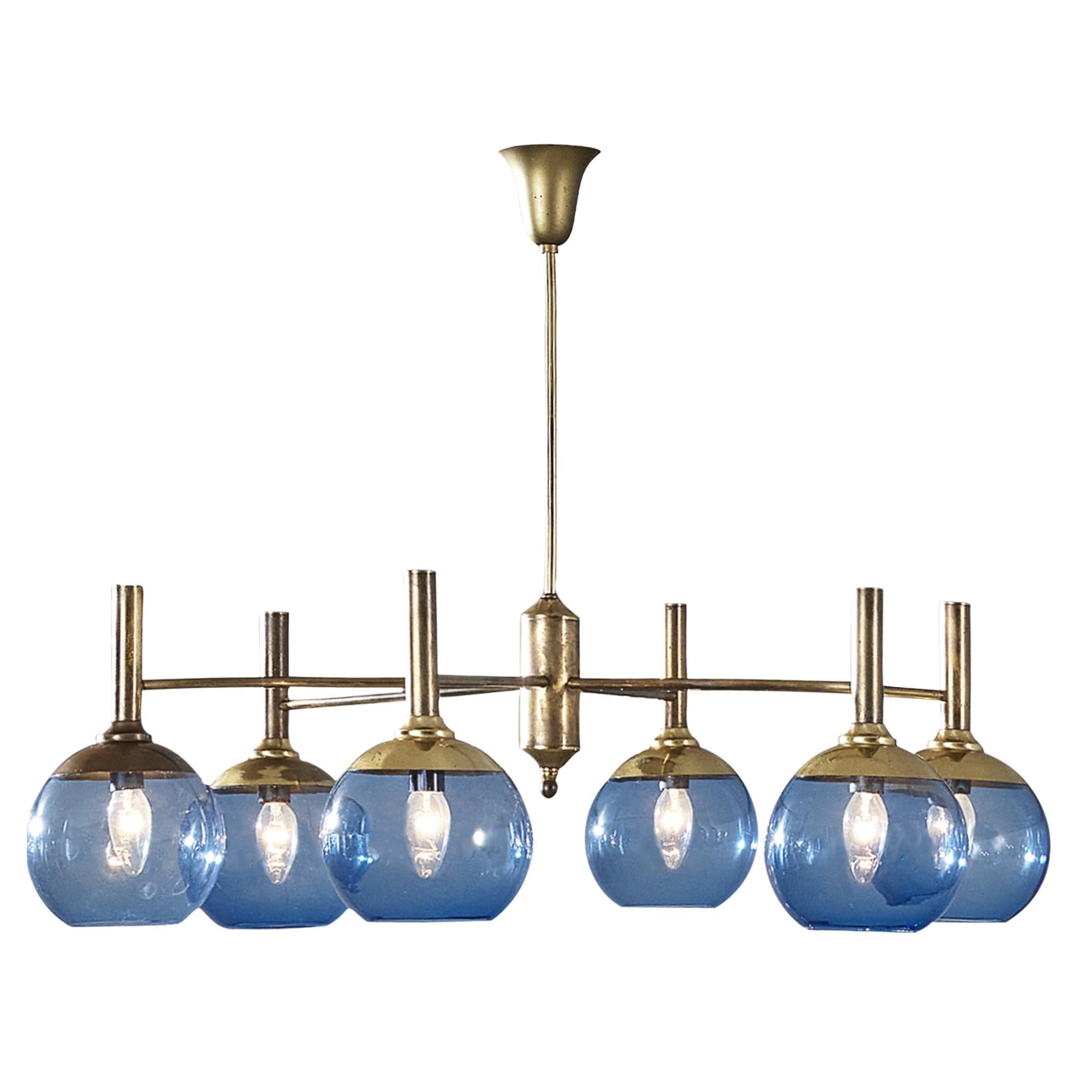 Hans-Agne Jakobsson Chandelier in Brass with Blue Shades 