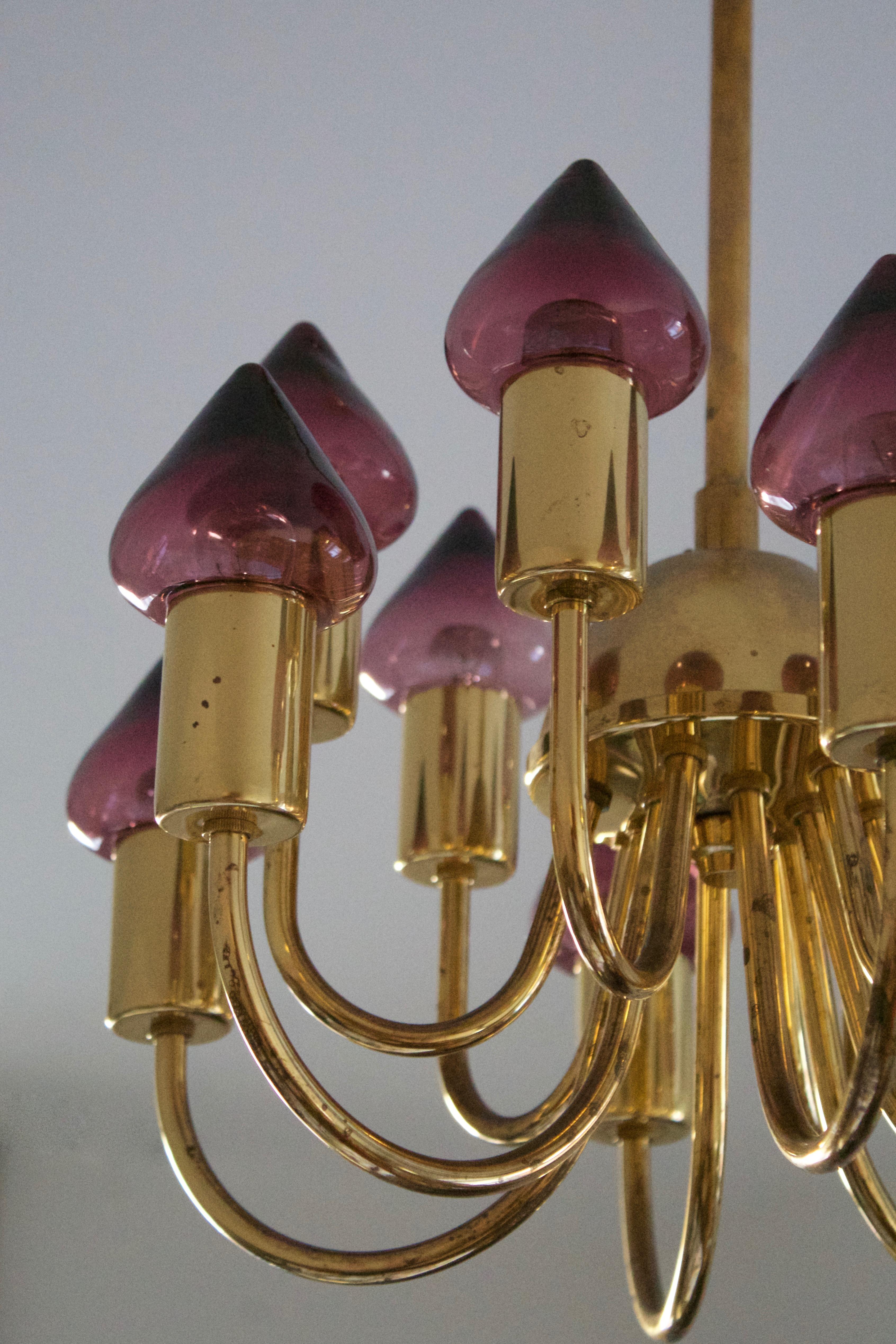 Mid-Century Modern Hans-Agne Jakobsson, Chandelier Light, Brass, Purple Glass, Sweden, c. 1970s For Sale