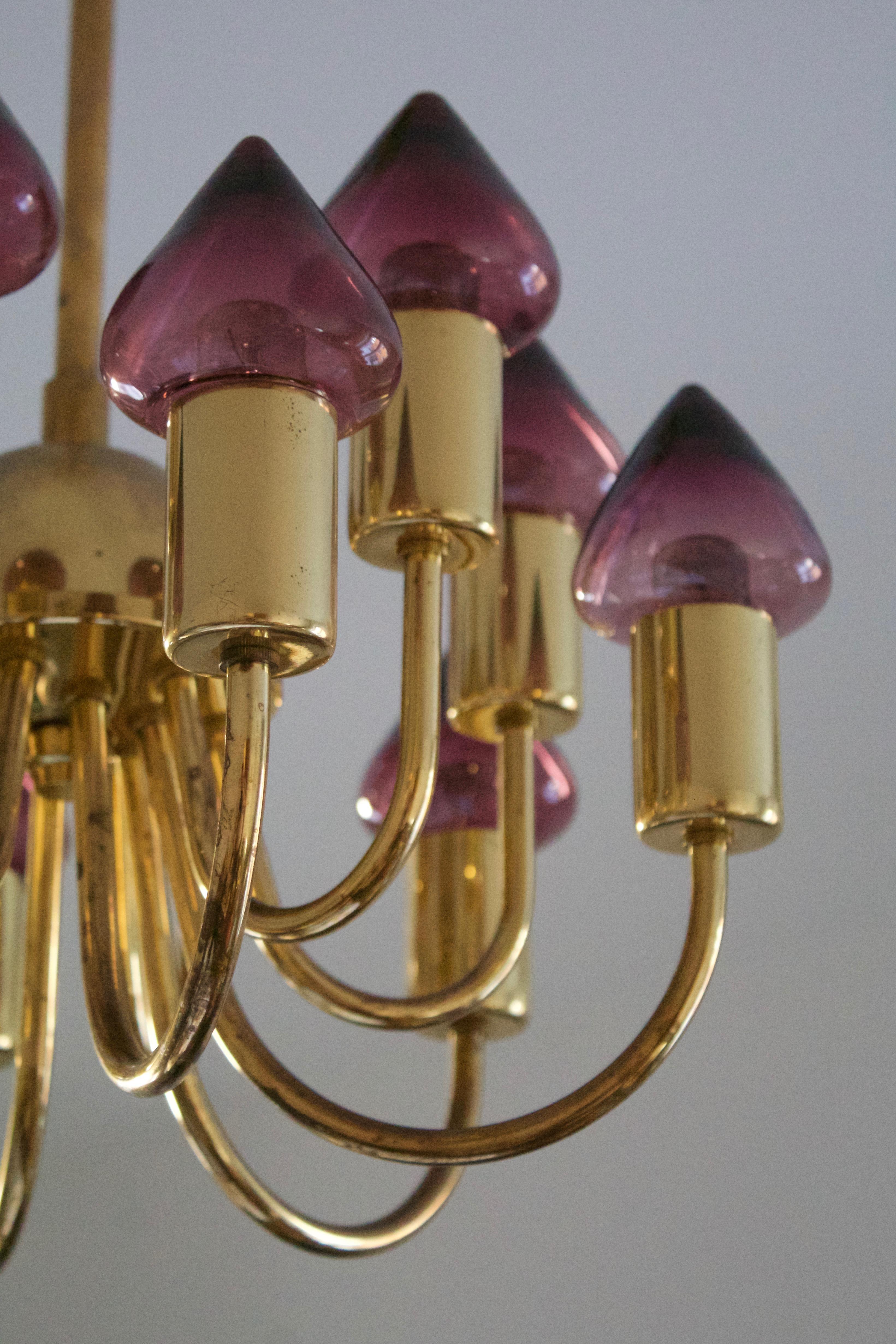 Hans-Agne Jakobsson, Chandelier Light, Brass, Purple Glass, Sweden, c. 1970s In Good Condition For Sale In High Point, NC