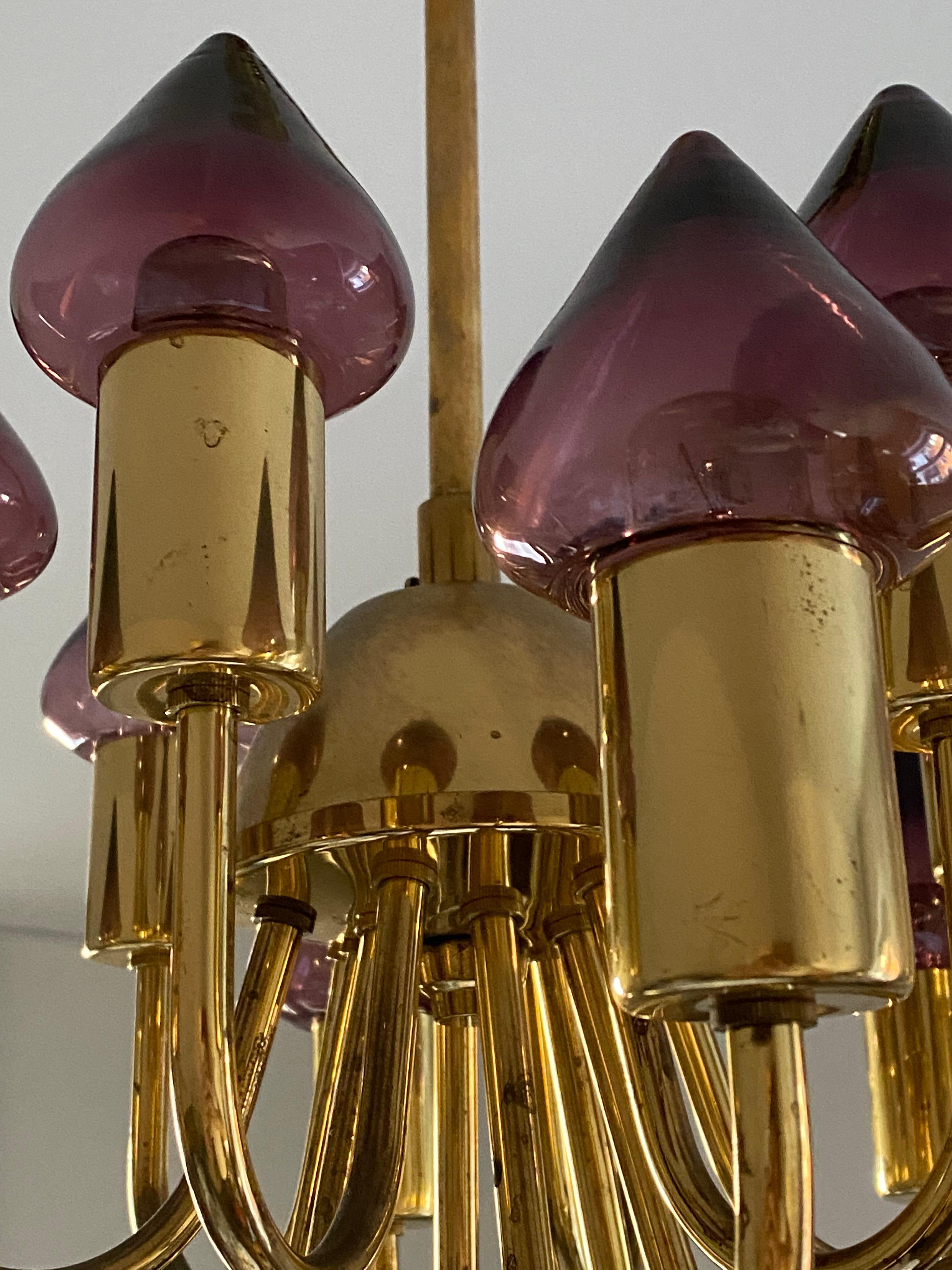 Mid-20th Century Hans-Agne Jakobsson, Chandelier Light, Brass, Purple Glass, Sweden, c. 1970s For Sale