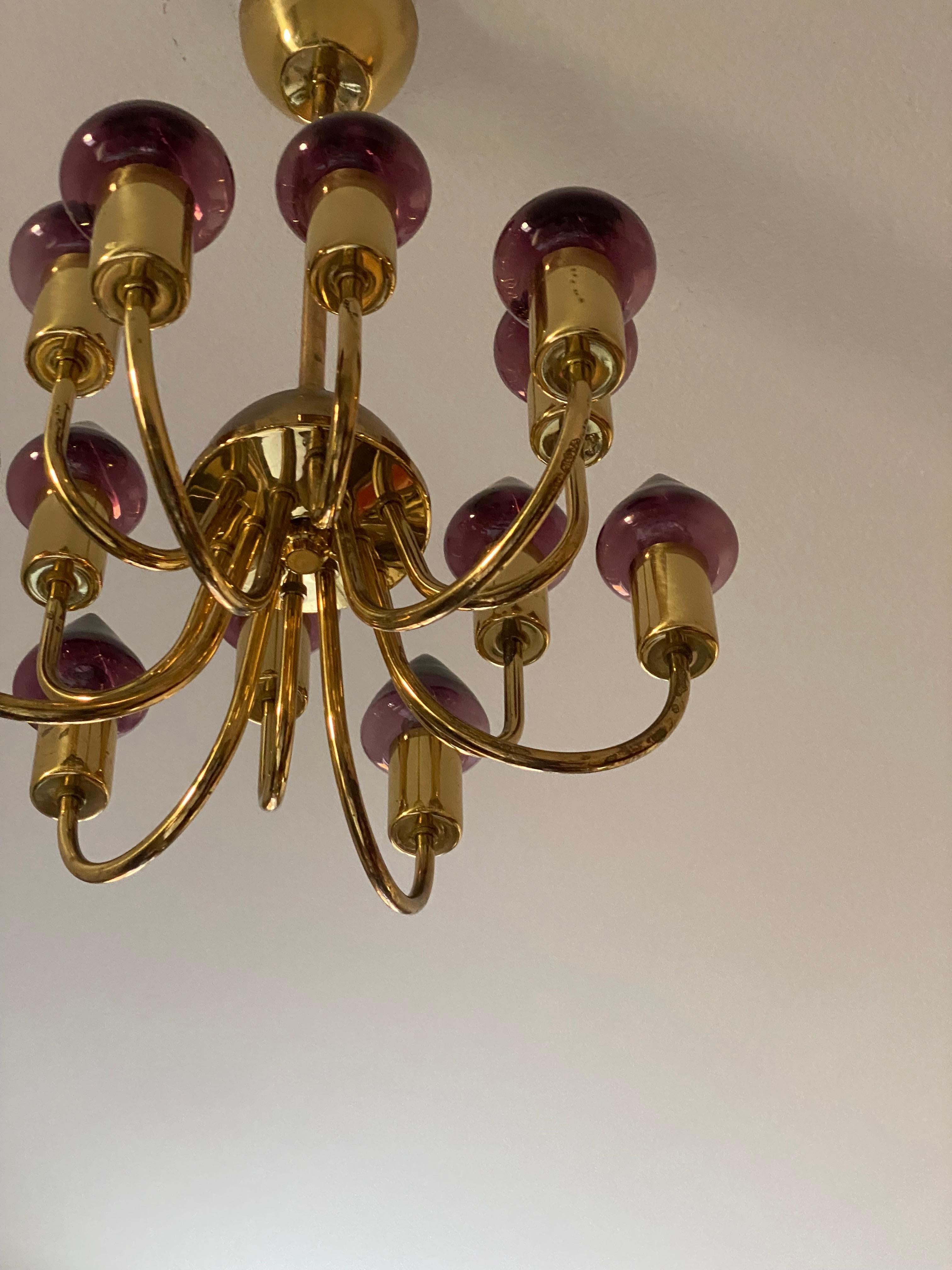 Hans-Agne Jakobsson, Chandelier Light, Brass, Purple Glass, Sweden, c. 1970s For Sale 1