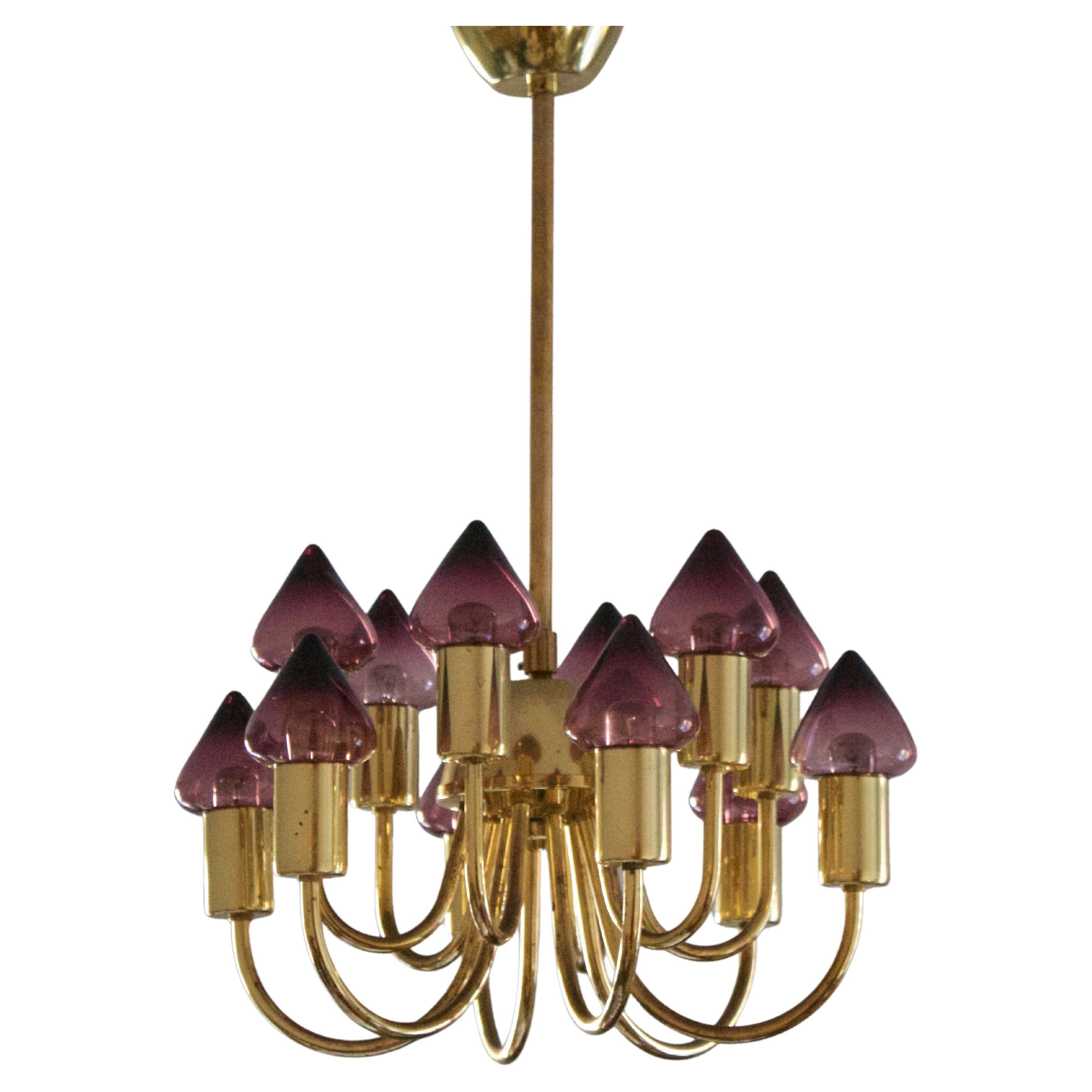 Hans-Agne Jakobsson, Chandelier Light, Brass, Purple Glass, Sweden, c. 1970s For Sale