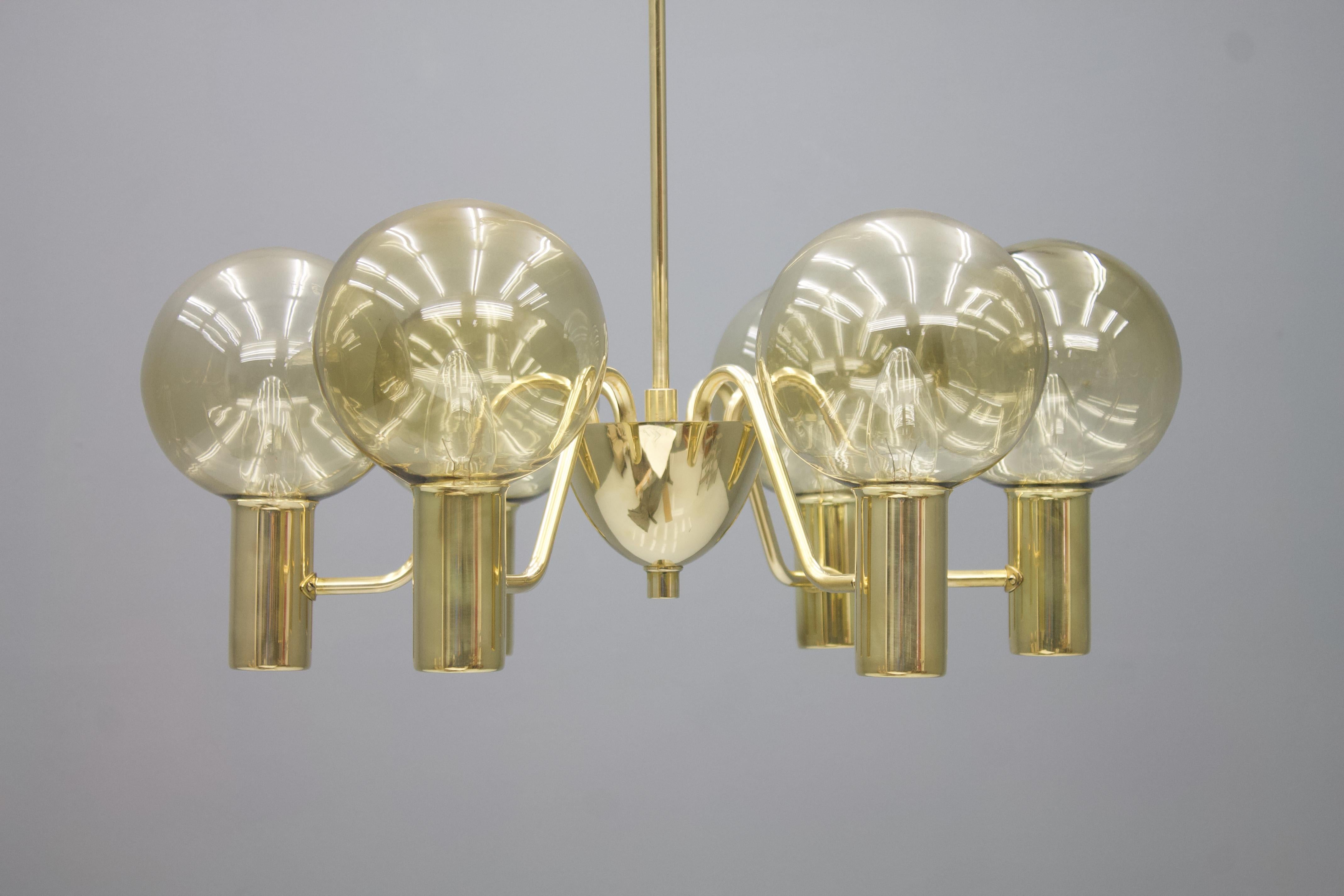 Swedish Hans-Agne Jakobsson Chandelier Patricia T 372/6 Brass and Glass, Sweden, 1960s