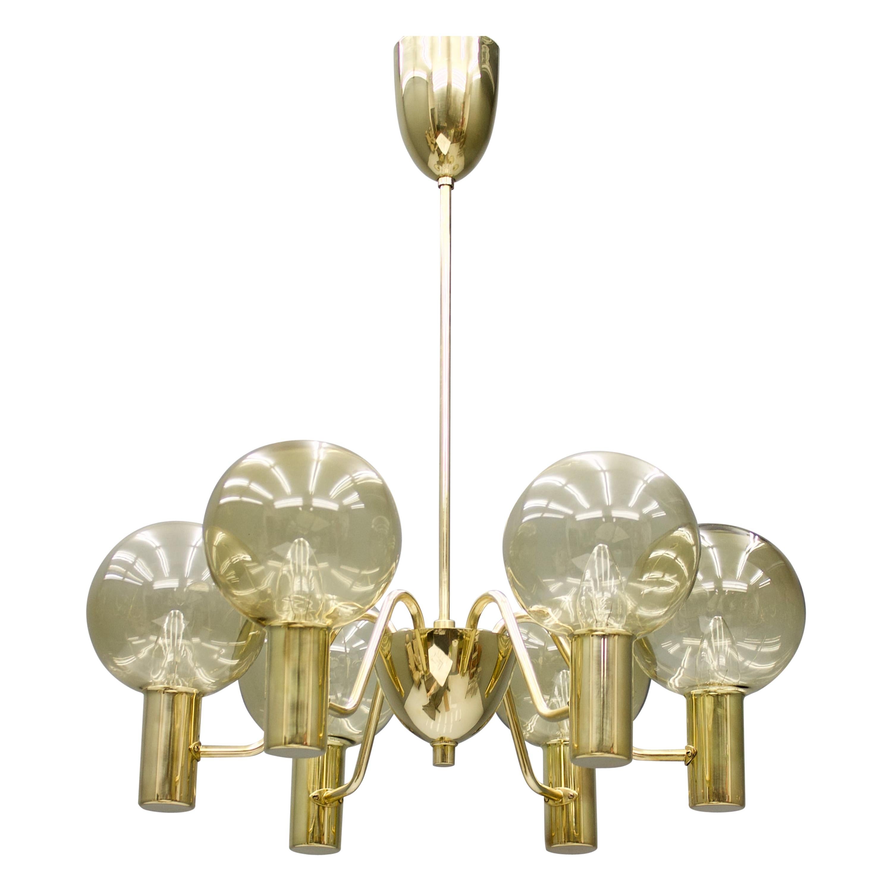 Hans-Agne Jakobsson Chandelier Patricia T 372/6 Brass and Glass, Sweden, 1960s