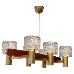 Lampadario Hans-Agne Jakobsson, stile moderno scandinavo, teak e vetro, Svezia, anni '50