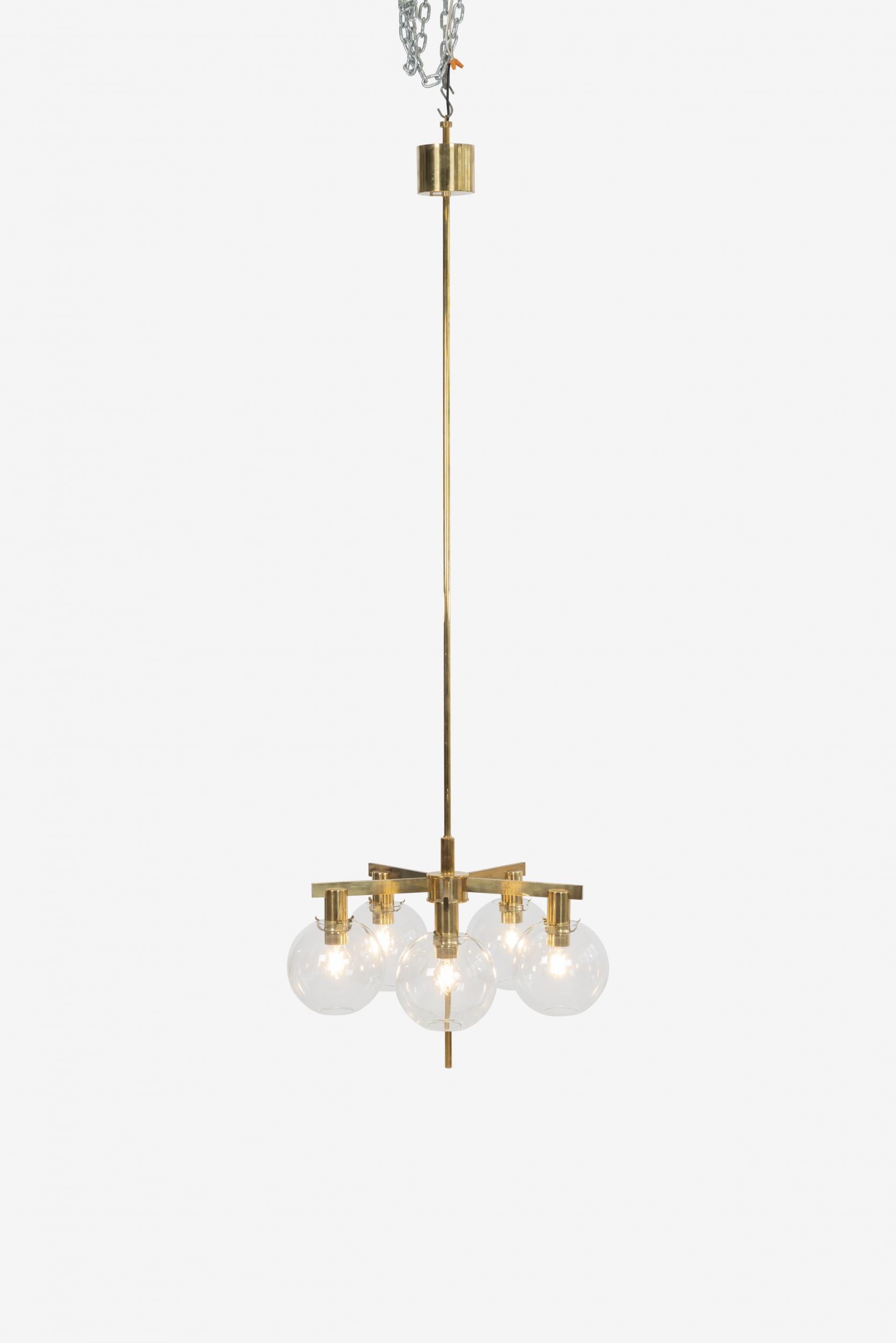 Hans-Agne Jakobsson five globe pastoral chandelier, model T 384/5 
Brass and glass by Hans-Agne Jakobsson AB Sweden, 1965
(Lamp stem can be shortened at desired length for no extra charge).