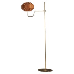 Vintage Hans-Agne Jakobsson, Floor Lamp, Brass, Moulded Wood Veneer, Sweden, 1970s