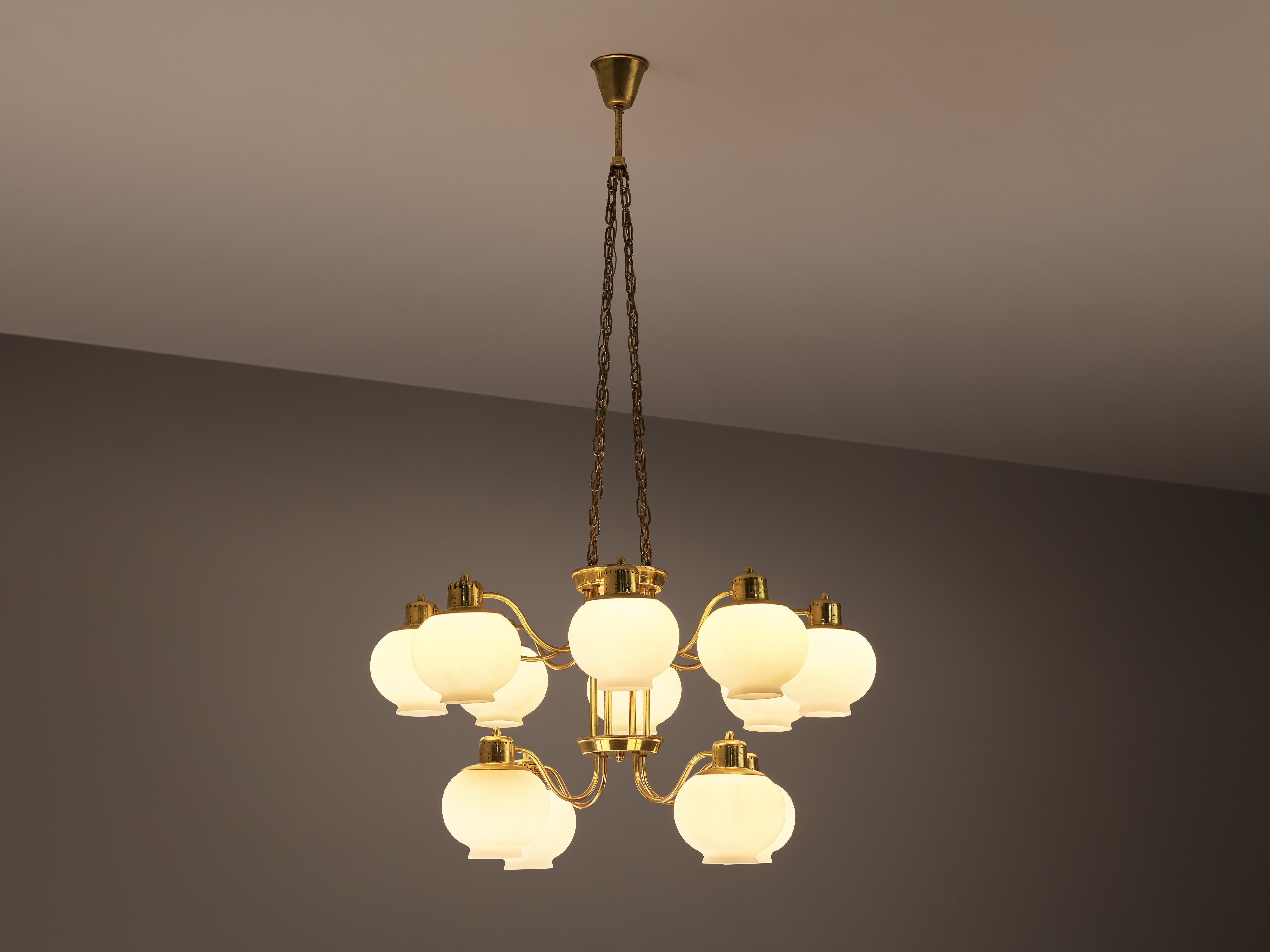 Swedish Hans-Agne Jakobsson Large Chandelier in Brass and Glass