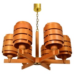 Hans-Agne Jakobsson Large Chandelier Pine Veneer Sweden, 1960s