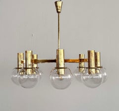 Hans-Agne Jakobsson Midcentury Brass and Eight Light Glass Globes Chandelier