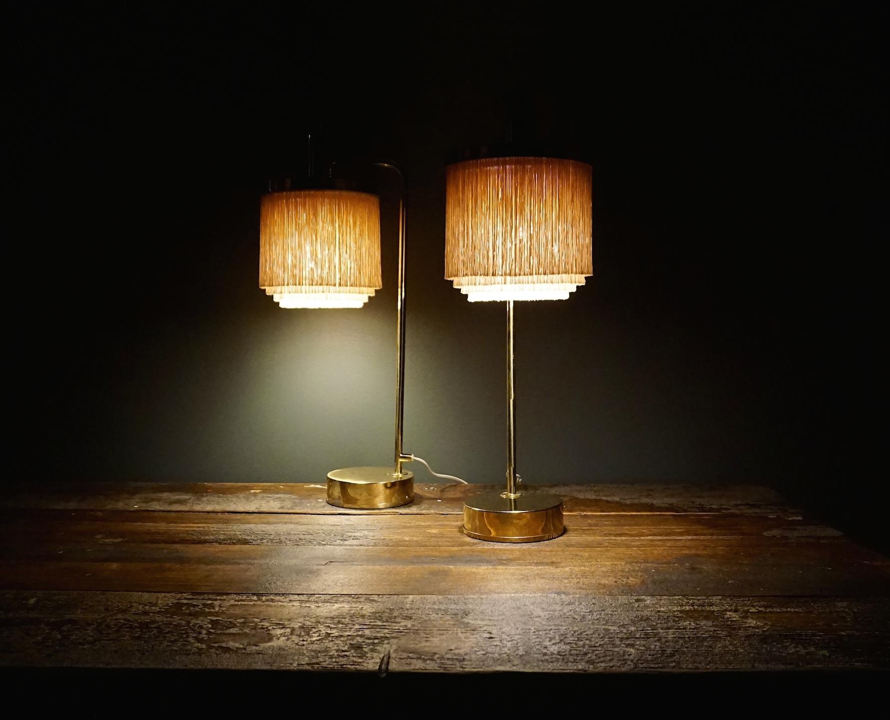 Scandinavian Modern Hans Agne Jakobsson Model B140 Pair of Silk Fringe Brass Table Lamps For Sale