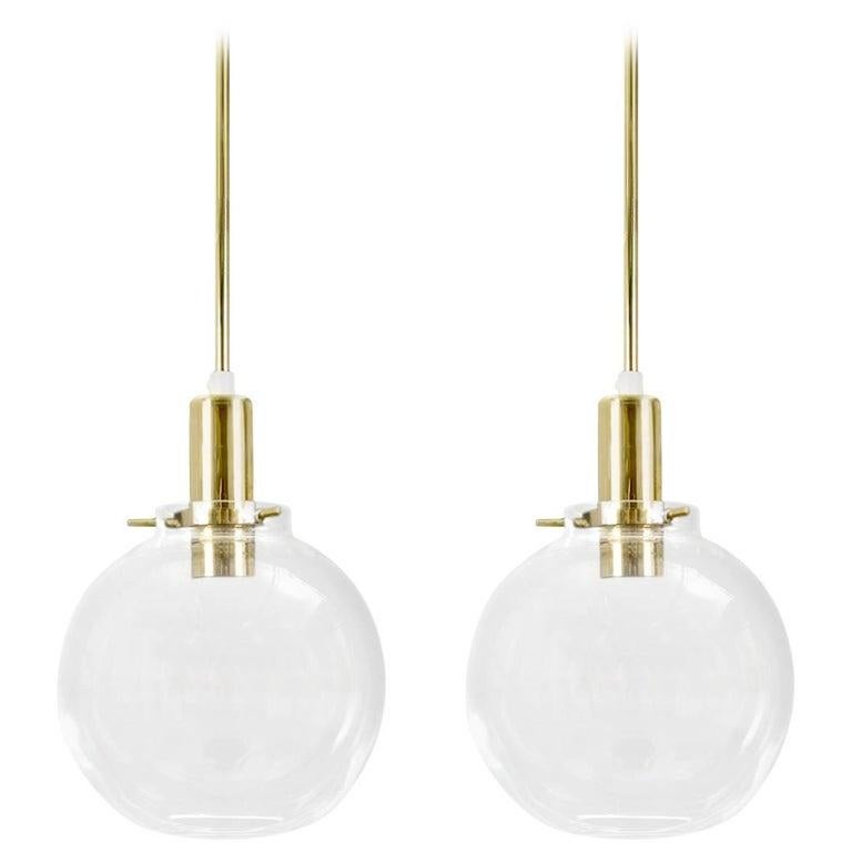Hans-Agne Jakobsson Pair of Mid-century Pendant Hanging Lamps round glass brass In Excellent Condition In Barcelona, ES