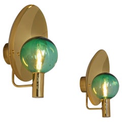 Hans-Agne Jakobsson Pair of 'V-180' Wall Lights in Brass and Green Glass