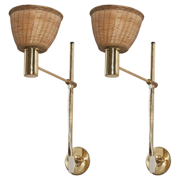 Hans-Agne Jakobsson, Pair of Wall Lights, Brass, Rattan, Sweden, c. 1960s  For Sale at 1stDibs