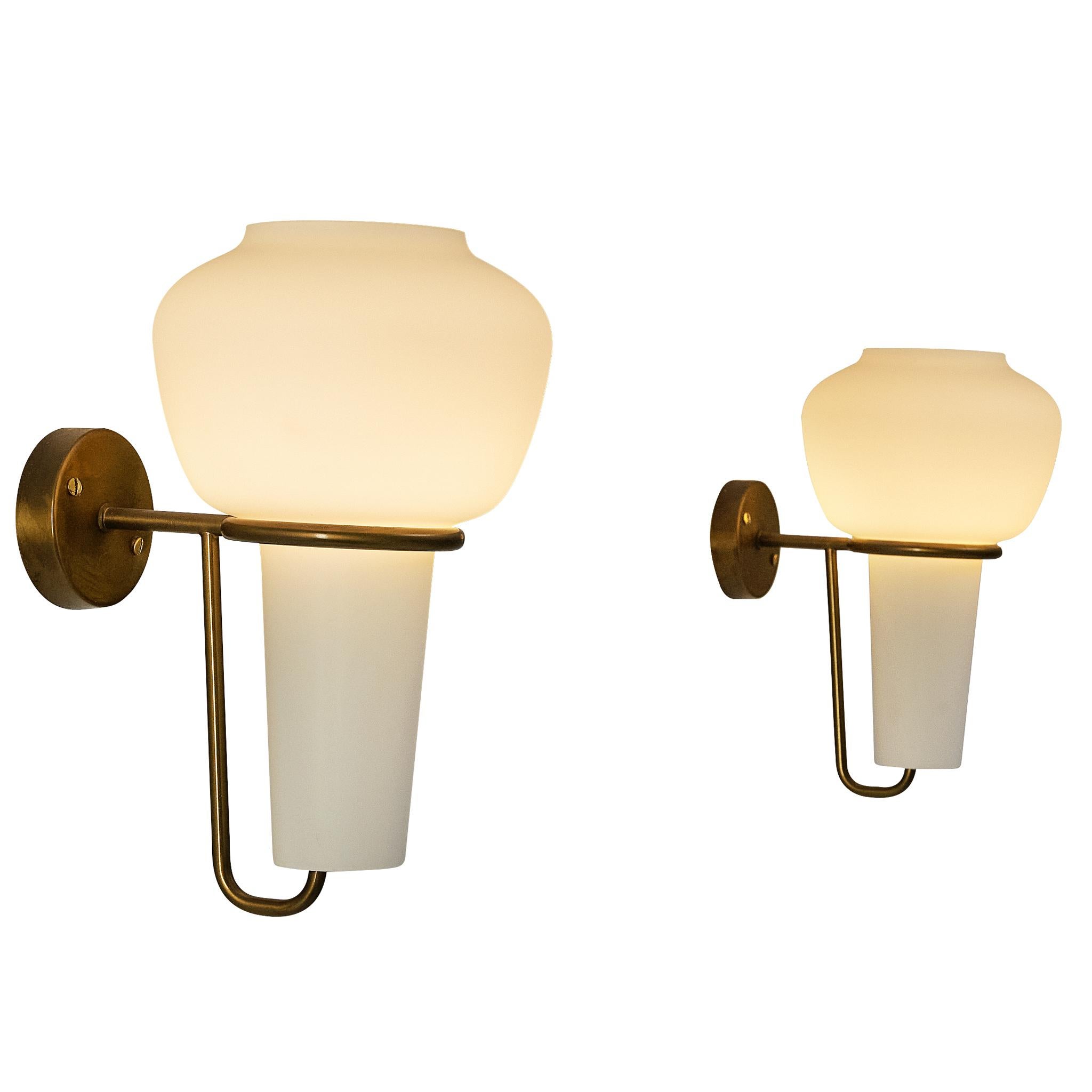 Hans-Agne Jakobsson Pair of Wall Lights in Brass and White Glass