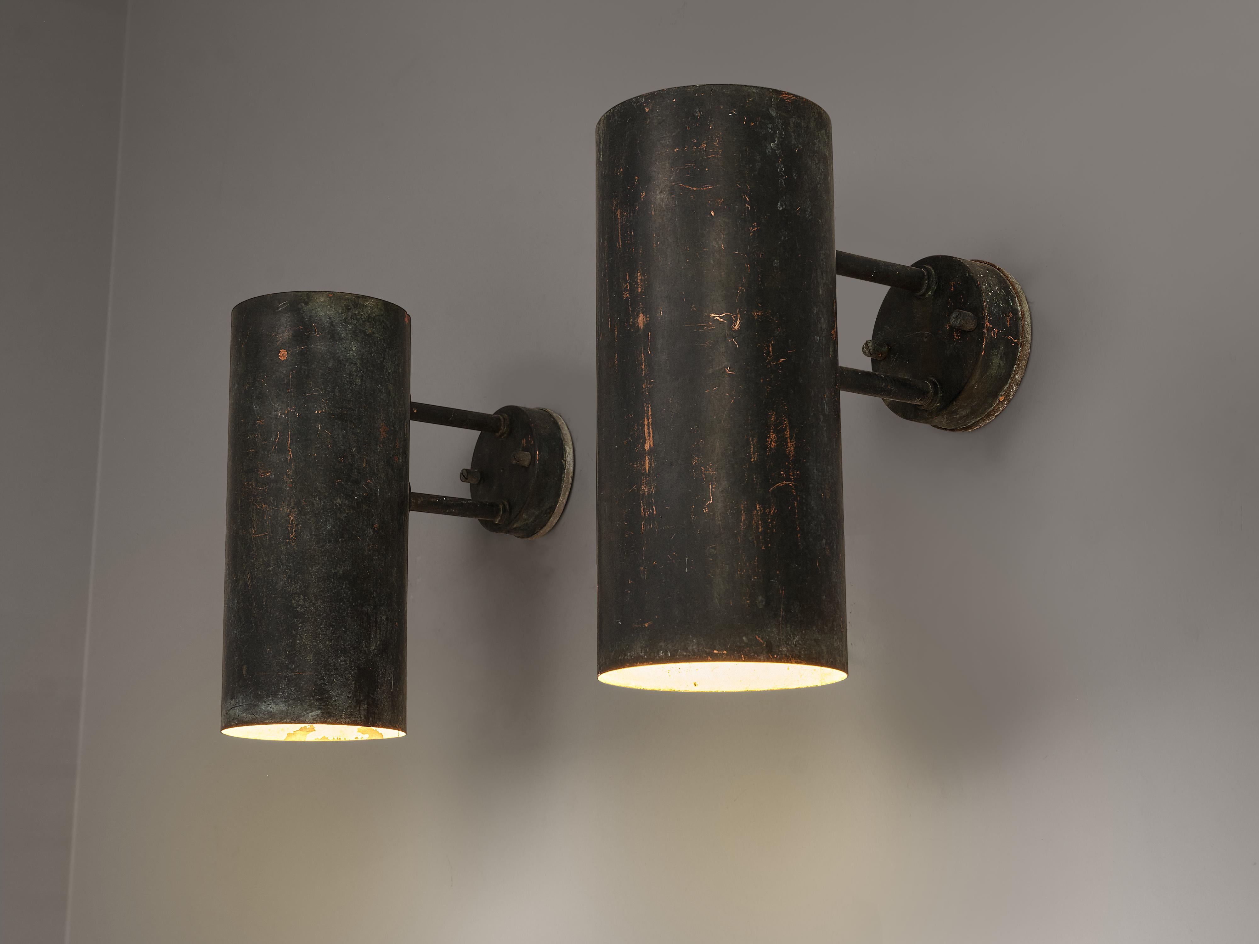 Hans-Agne Jakobsson, ‘Rulle’ wall lights, copper, Sweden, 1960s

The ‘Rulle’ outdoor lights by Swedish designer Hans-Agne Jakobsson feature a cylindric lampshade that is connected to a circular fixation. The way the rich patina structures the