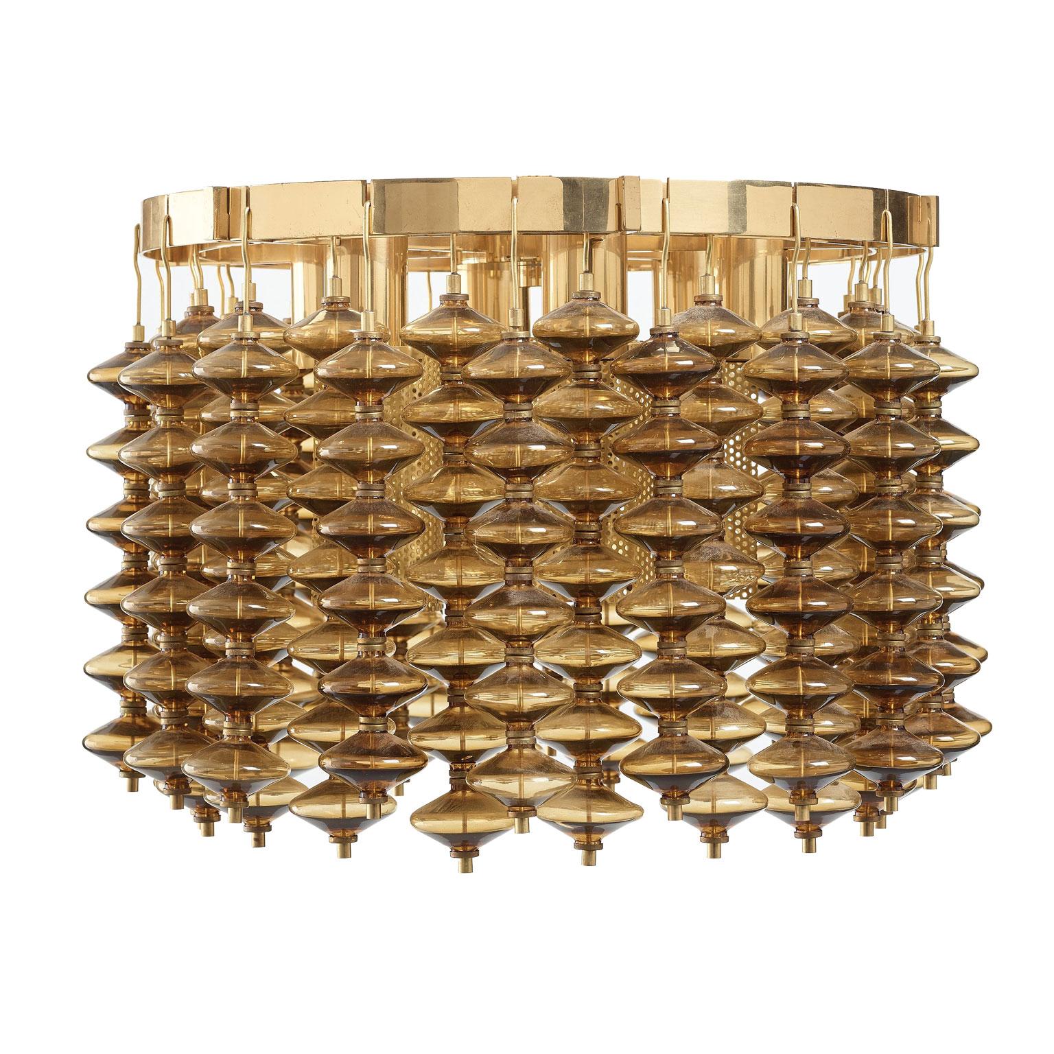 Brass Hans-Agne Jakobsson Scandinavian Modern Chandelier Estrella T-580 in Amber