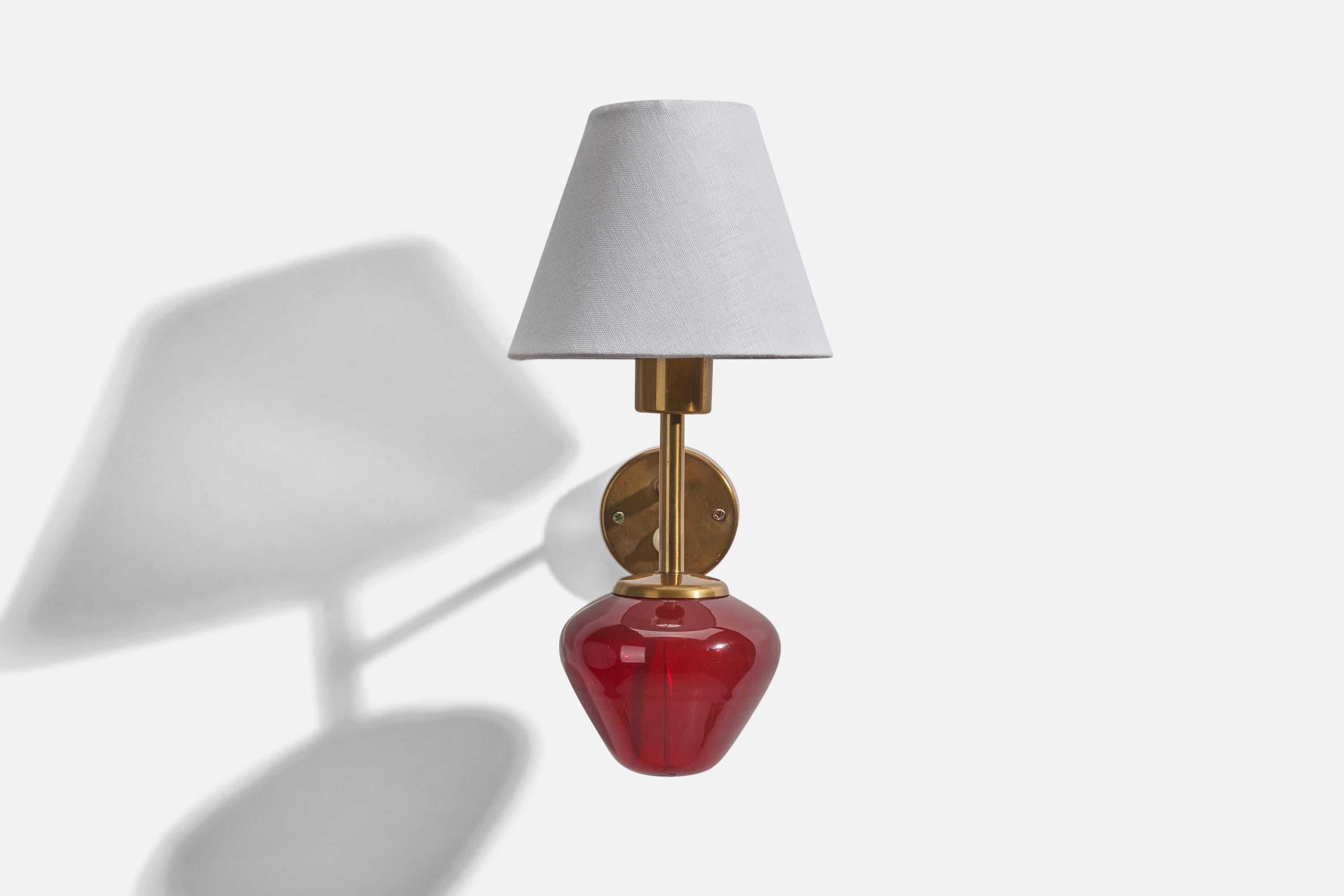 Swedish Hans-Agne Jakobsson, Sconce, Brass, Red Glass, Fabric, Sweden, 1960s For Sale