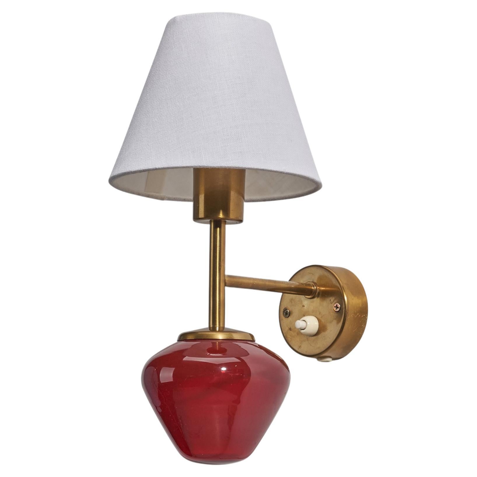 Hans-Agne Jakobsson, Sconce, Brass, Red Glass, Fabric, Sweden, 1960s For Sale