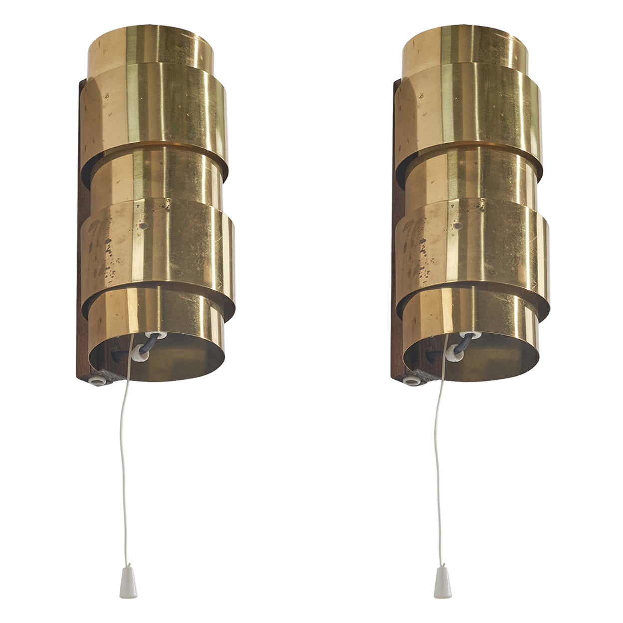 Hans-Agne Jakobsson, Sconces, V-155 Model, Brass, Teak, Sweden, C. 1960s For Sale