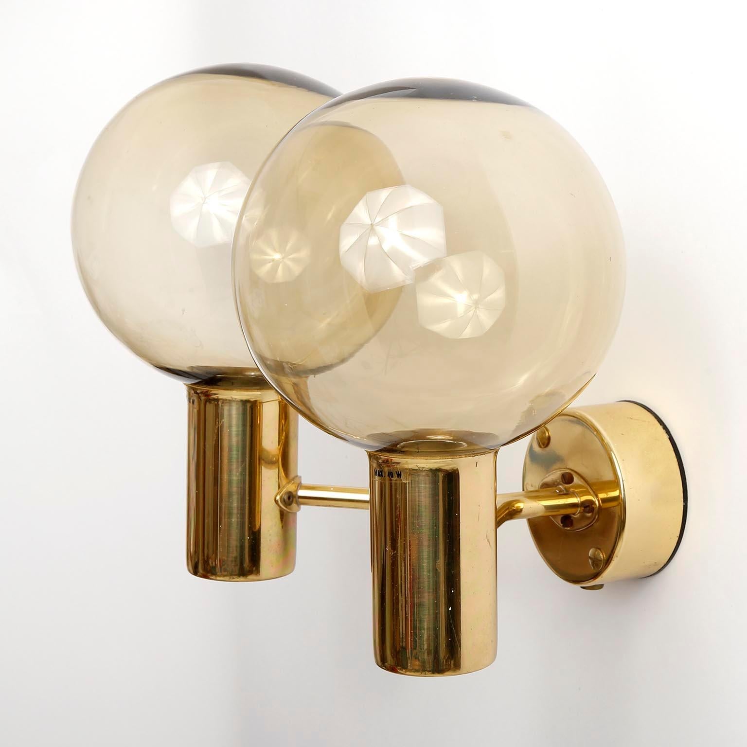Swedish Hans-Agne Jakobsson Sconces Wall Lamps Lights, Brass Amber Glass, Markaryd, 1960