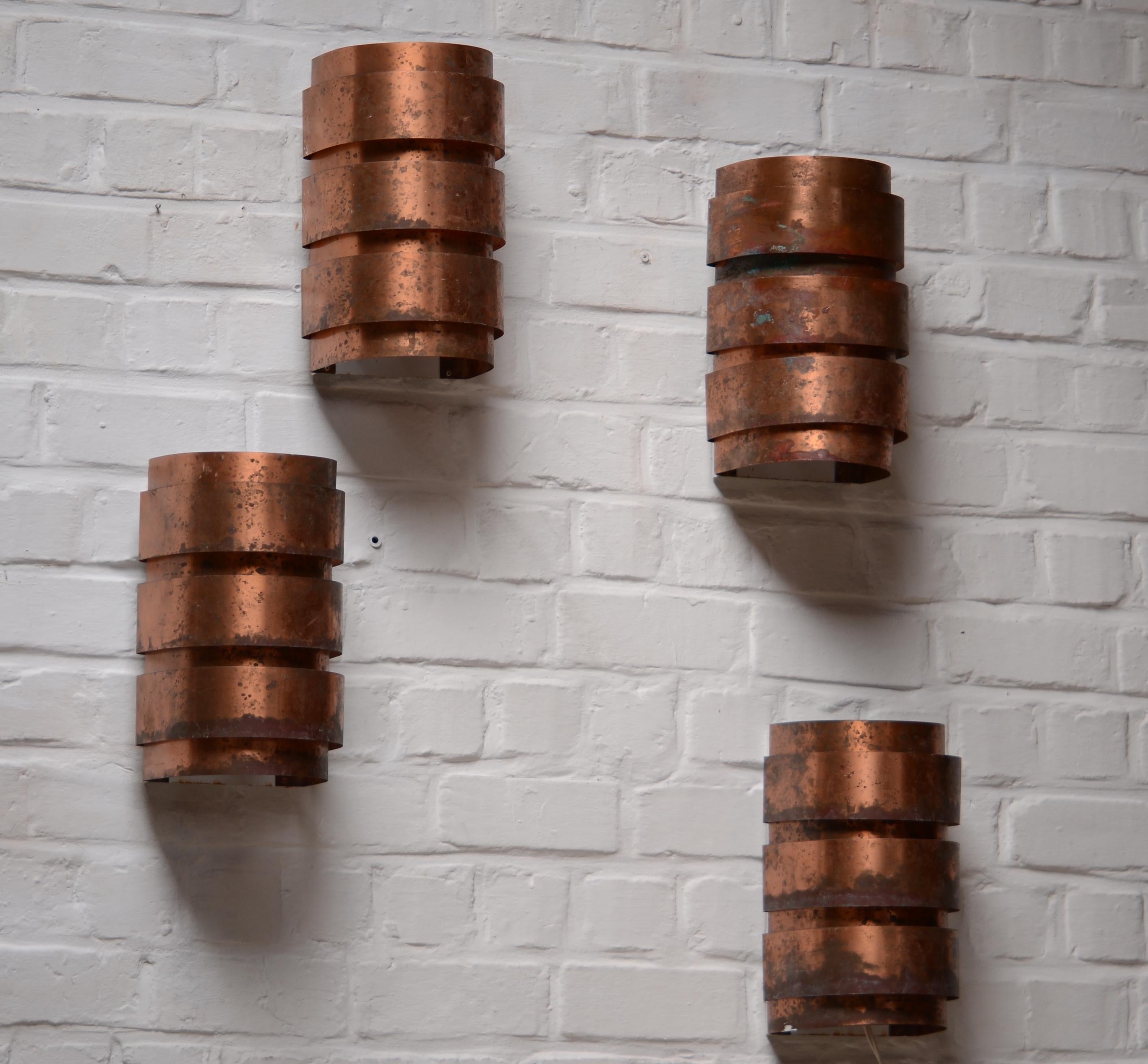 Hans Agne Jakobsson Set of 4 Patinated Copper Wall Lamps, Sweden, 1960s For Sale 9