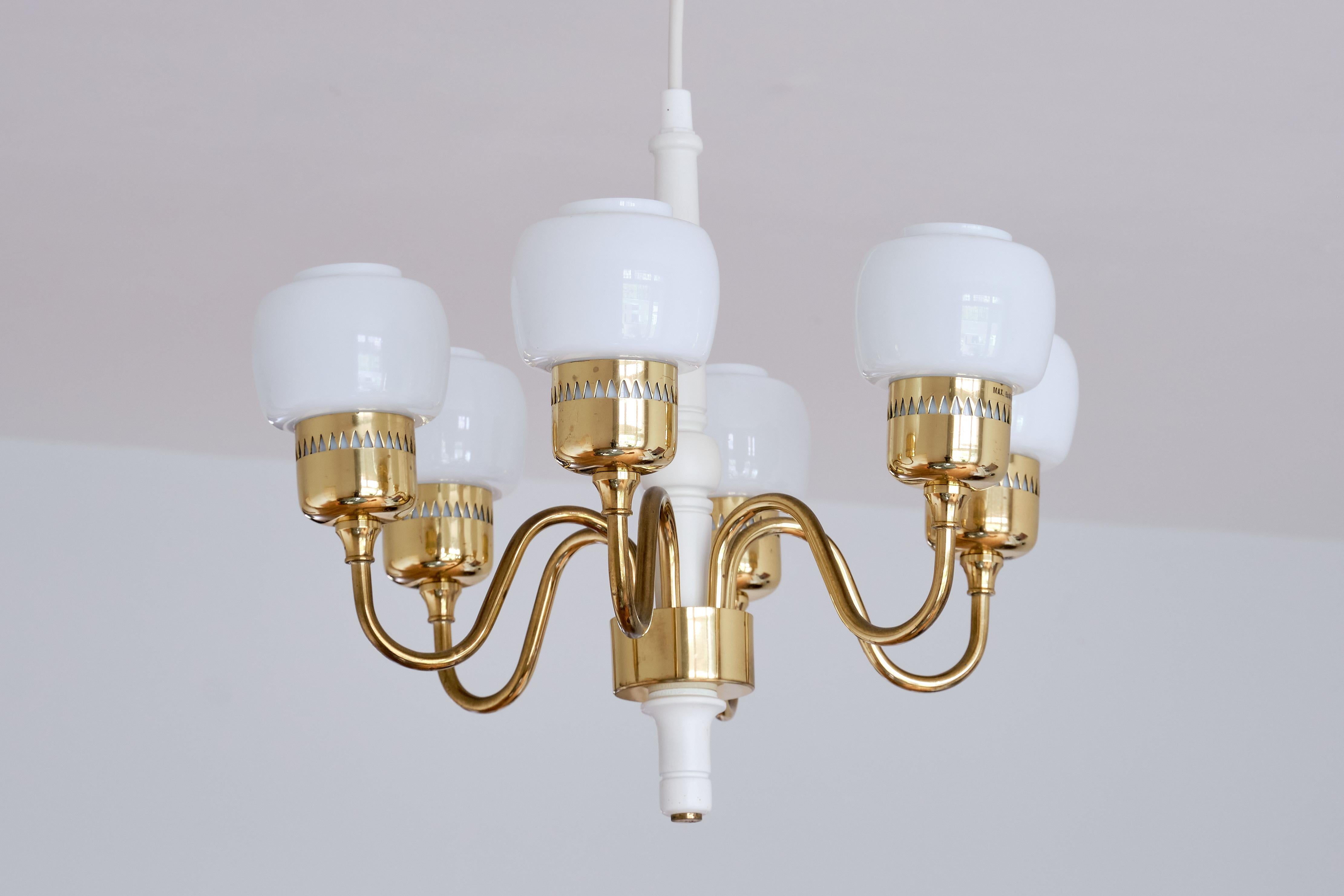 Hans-Agne Jakobsson Six Arm T526 Chandelier, Brass and Opal Glass, Sweden, 1960s For Sale 3