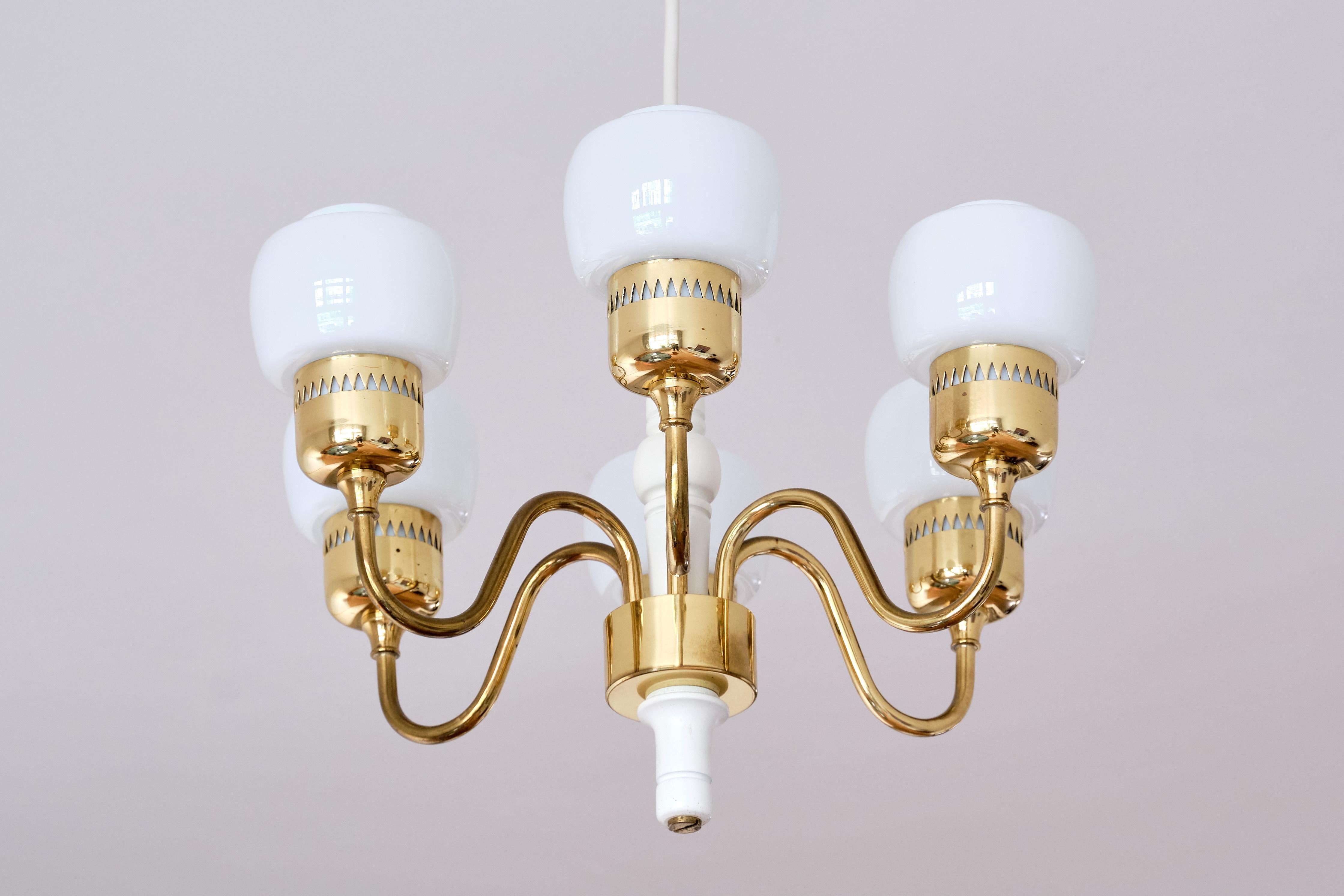 Mid-20th Century Hans-Agne Jakobsson Six Arm T526 Chandelier, Brass and Opal Glass, Sweden, 1960s For Sale