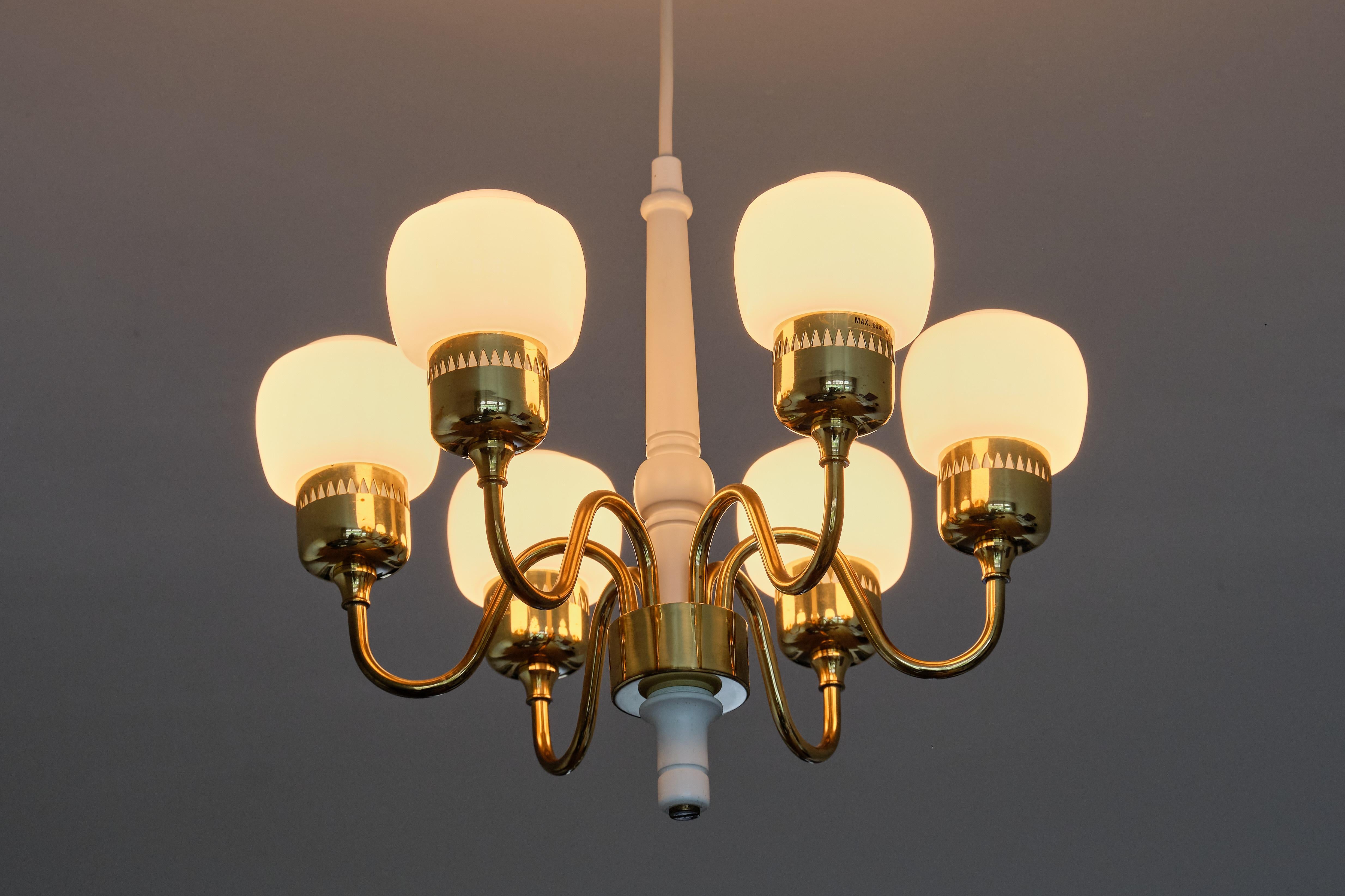 Hans-Agne Jakobsson Six Arm T526 Chandelier, Brass and Opal Glass, Sweden, 1960s For Sale 1