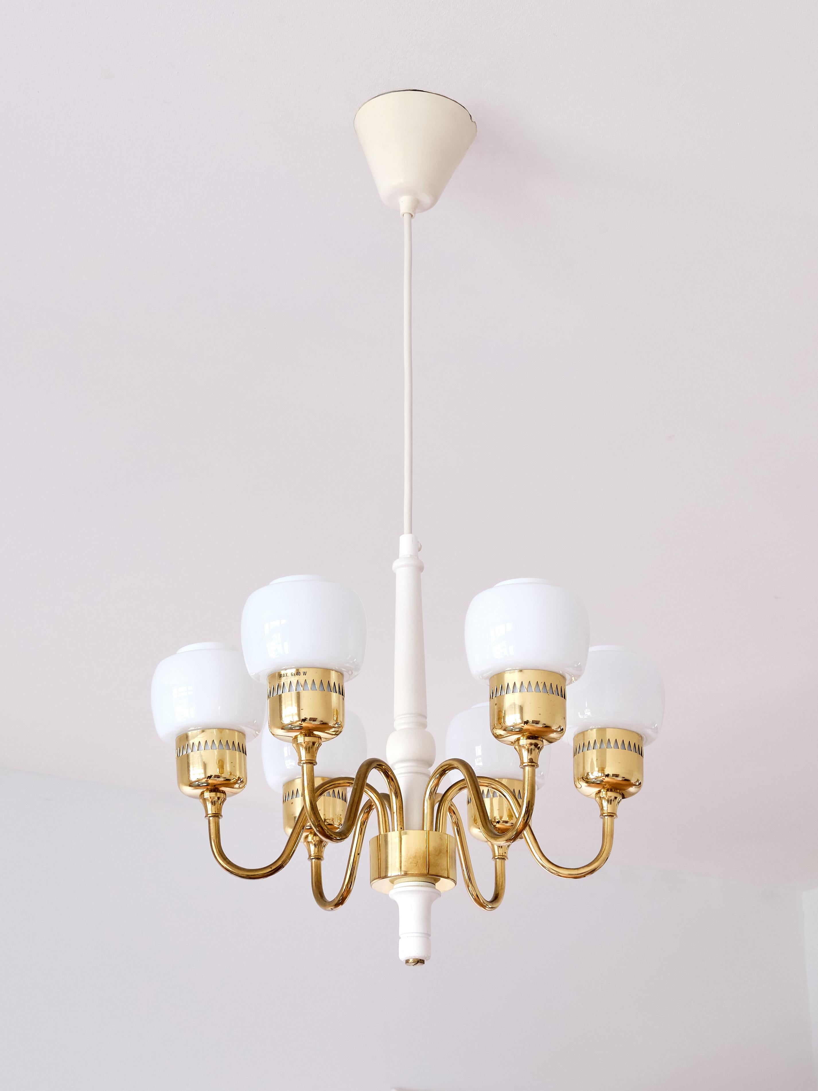 Hans-Agne Jakobsson Six Arm T526 Chandelier, Brass and Opal Glass, Sweden, 1960s For Sale 2