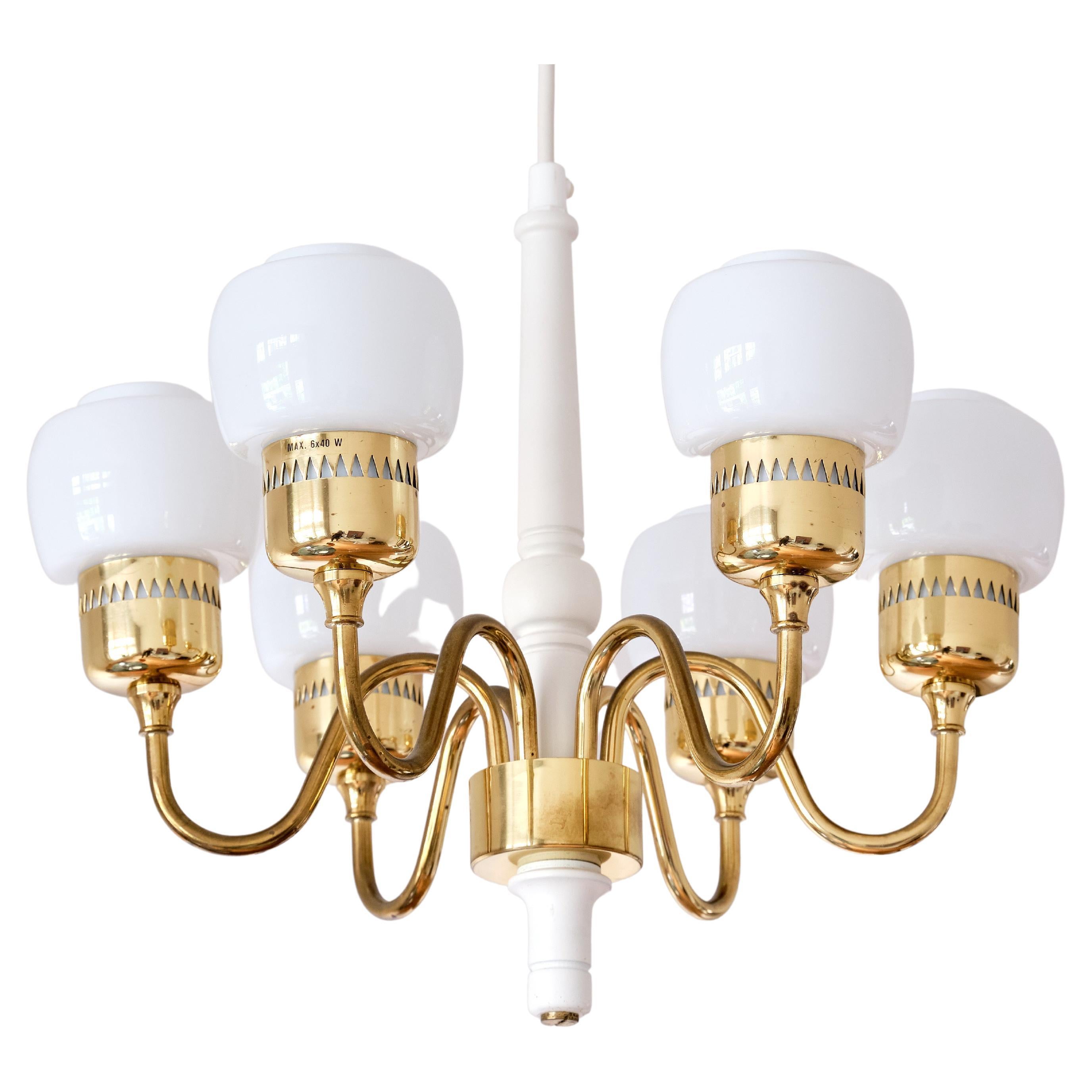 Hans-Agne Jakobsson Six Arm T526 Chandelier, Brass and Opal Glass, Sweden, 1960s For Sale