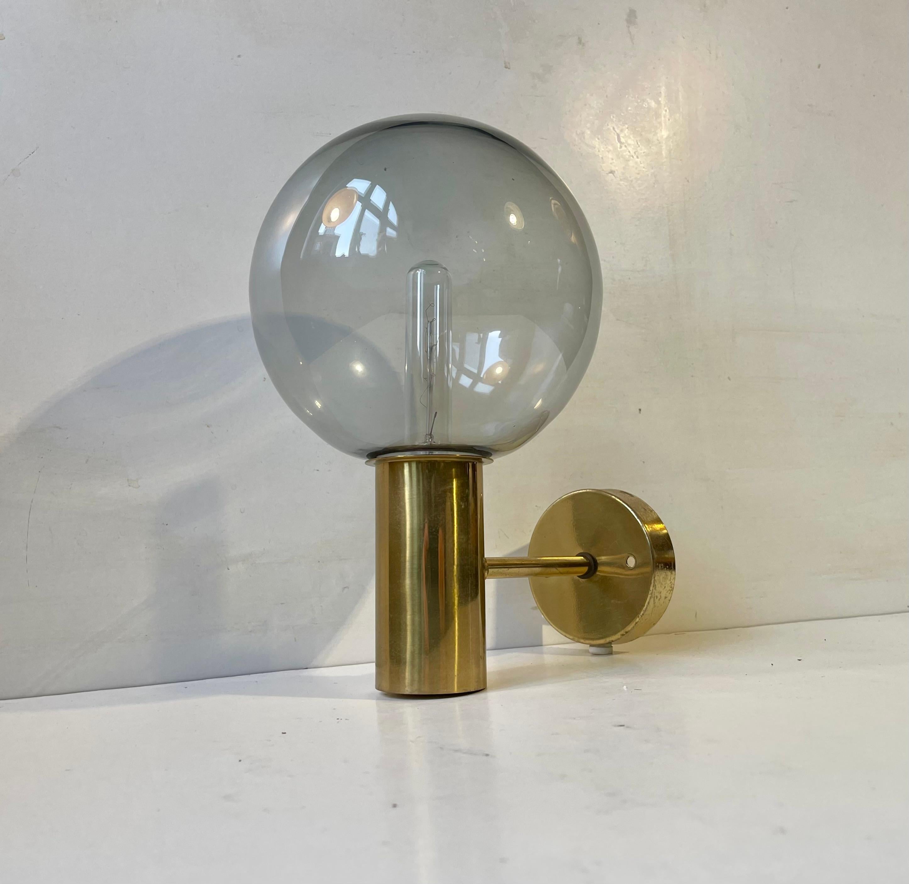 Mid-Century Modern Hans Agne Jakobsson Soap Bubble Wall Sconce in Brass & Grey Smoke Glass, 1960s