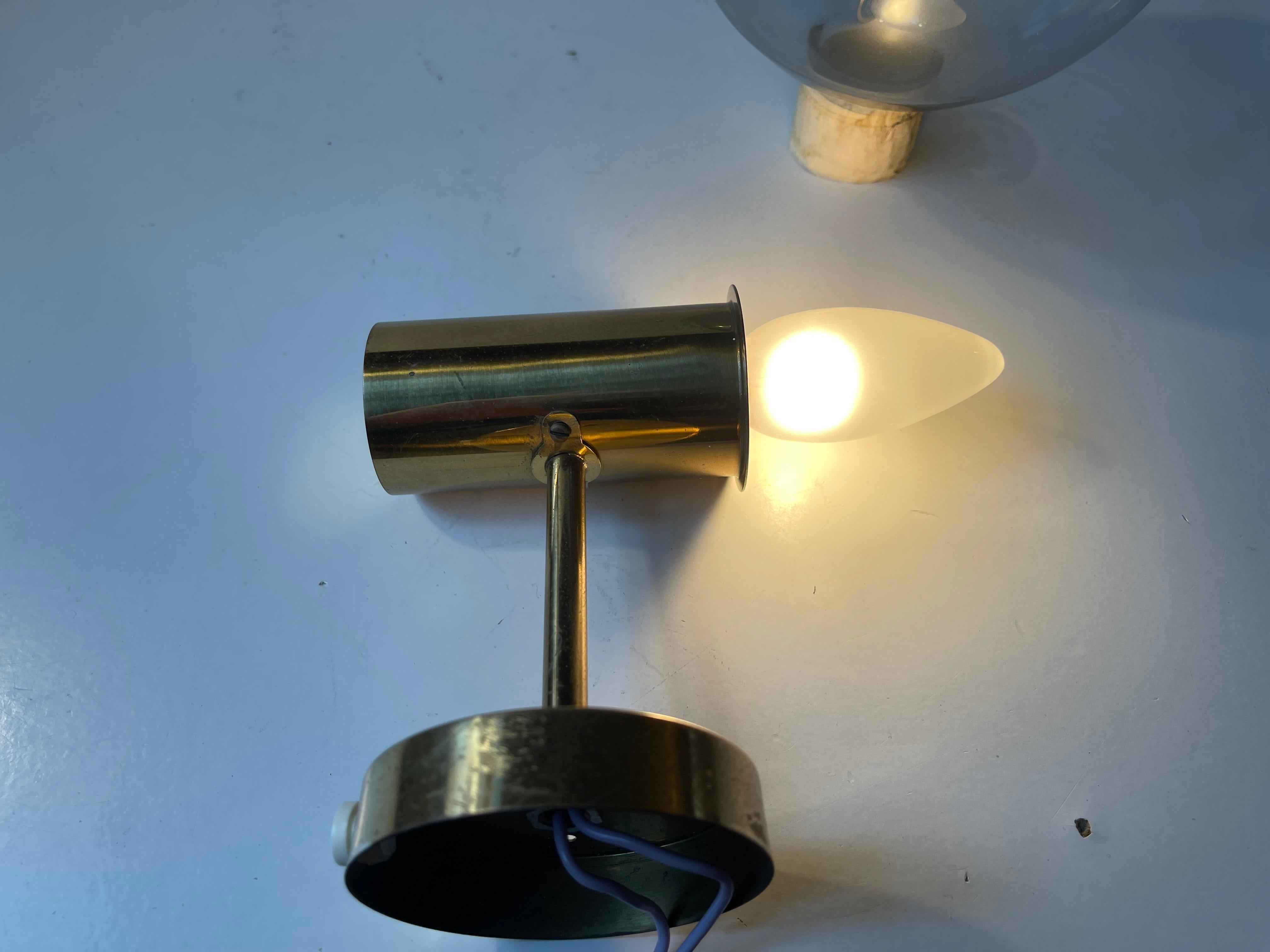 Swedish Hans Agne Jakobsson Soap Bubble Wall Sconce in Brass & Grey Smoke Glass, 1960s