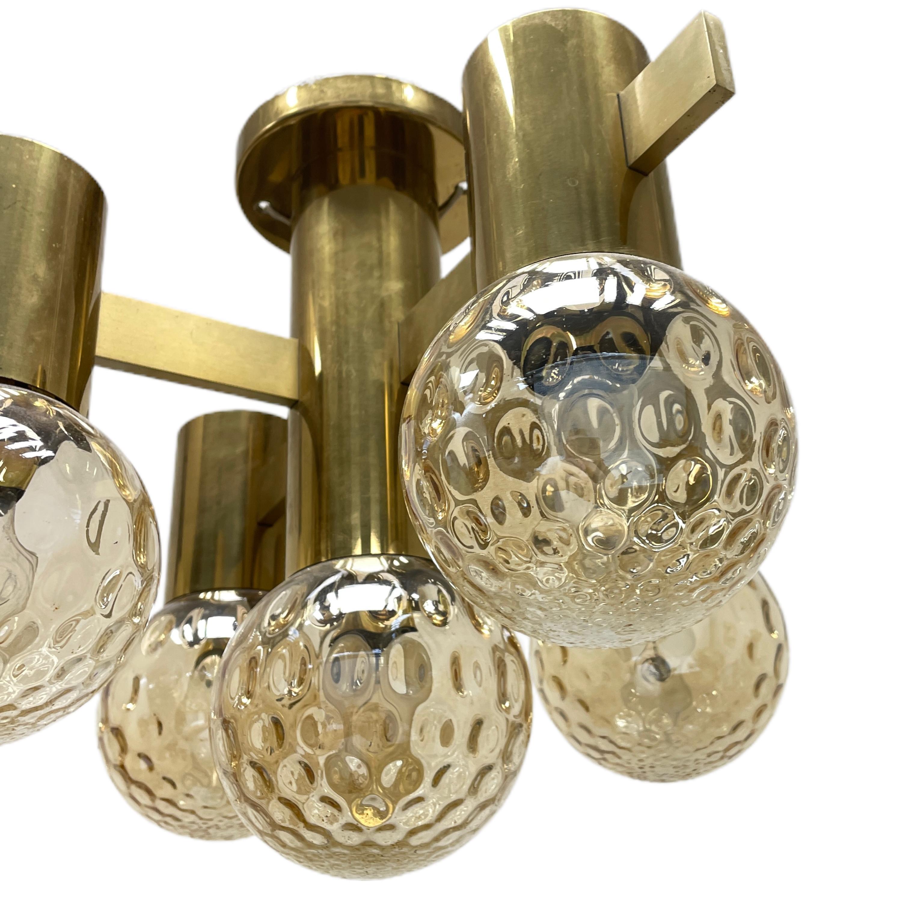 Mid-Century Modern Hans Agne Jakobsson Sputnik Orbit Brass and Glass Ball Flush Mount Sweden 1960s For Sale