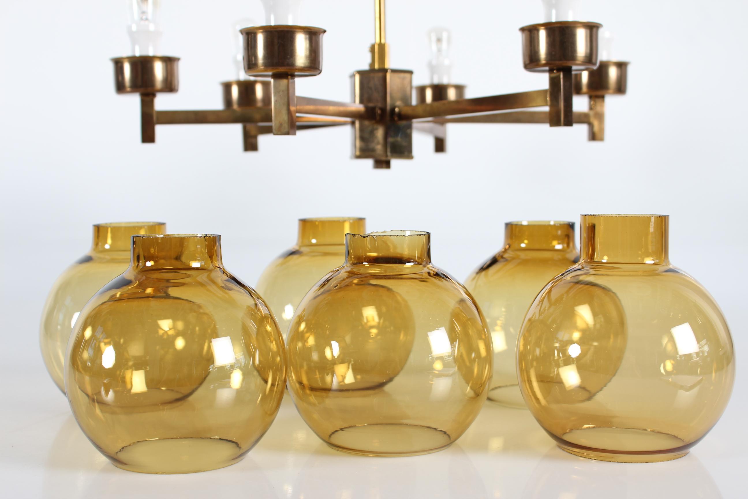 Hans Agne Jakobsson Style Six-Armed Chandelier of Brass and Glass Sweden 1970s For Sale 5