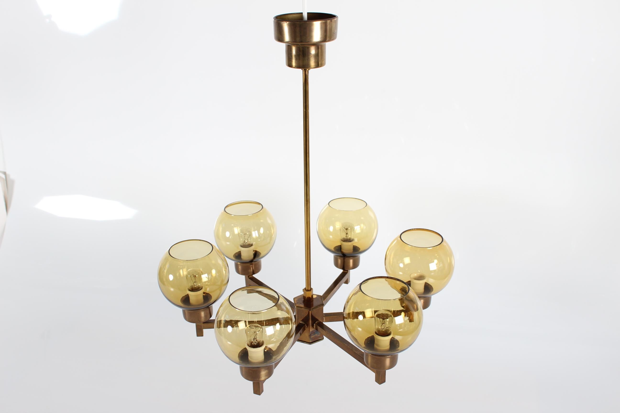 20th Century Hans Agne Jakobsson Style Six-Armed Chandelier of Brass and Glass Sweden 1970s For Sale