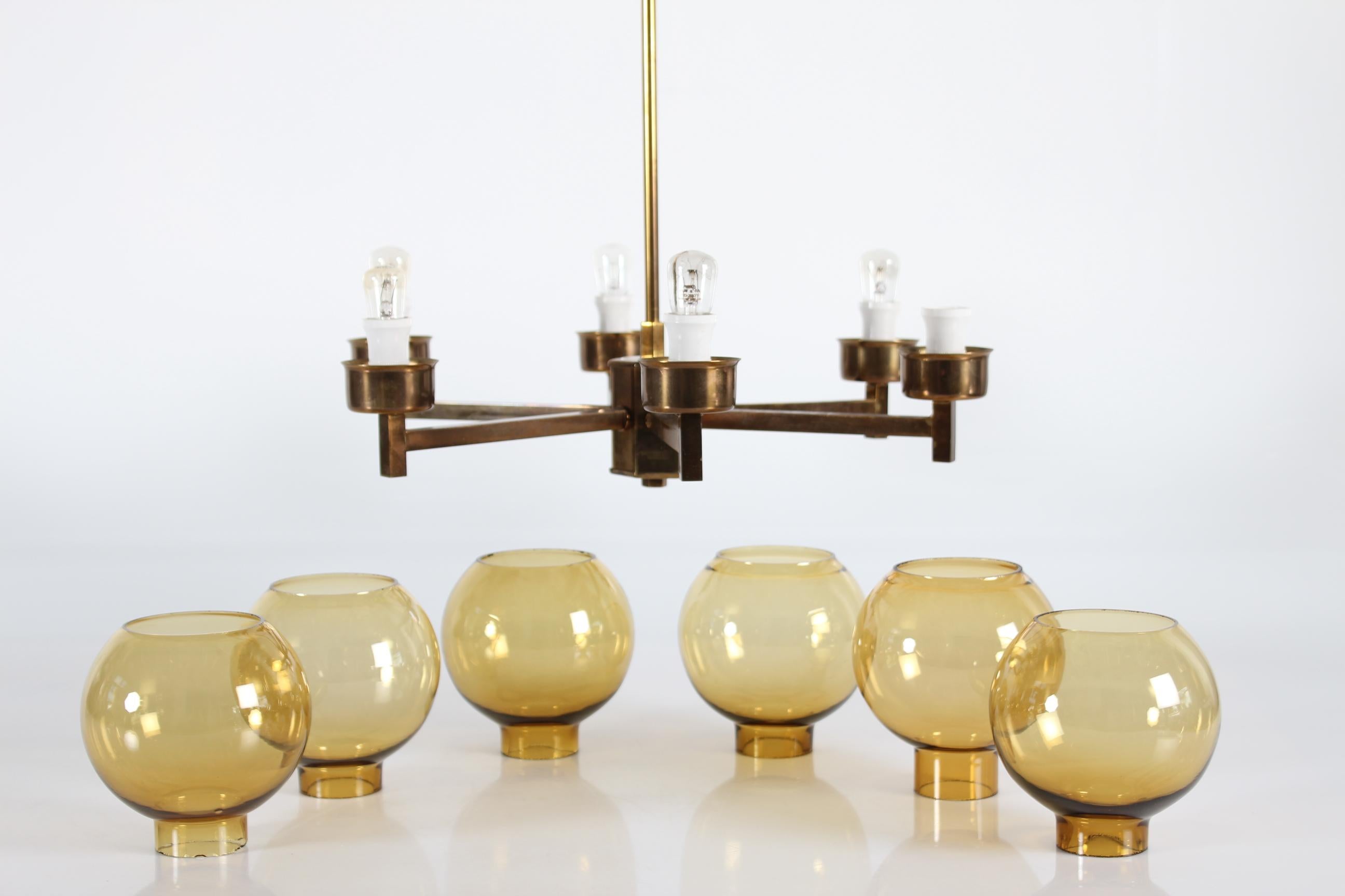 Hans Agne Jakobsson Style Six-Armed Chandelier of Brass and Glass Sweden 1970s For Sale 1
