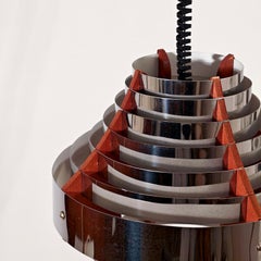 Hans Agne Jakobsson style. Space Age teak and chrome pendant lamp, Sweden, 1970s
