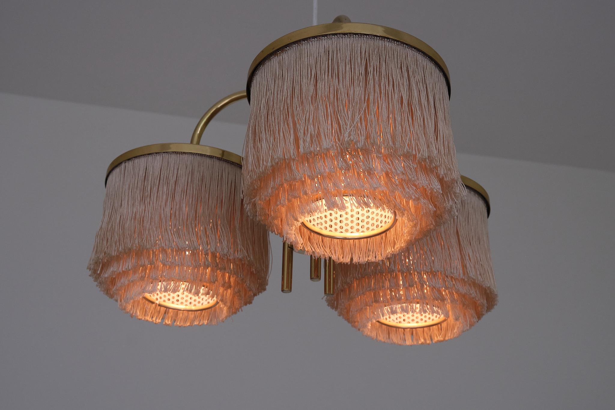 Hans-Agne Jakobsson T608 Three Arm Pendant Light, Brass and Silk, Sweden, 1960s 4