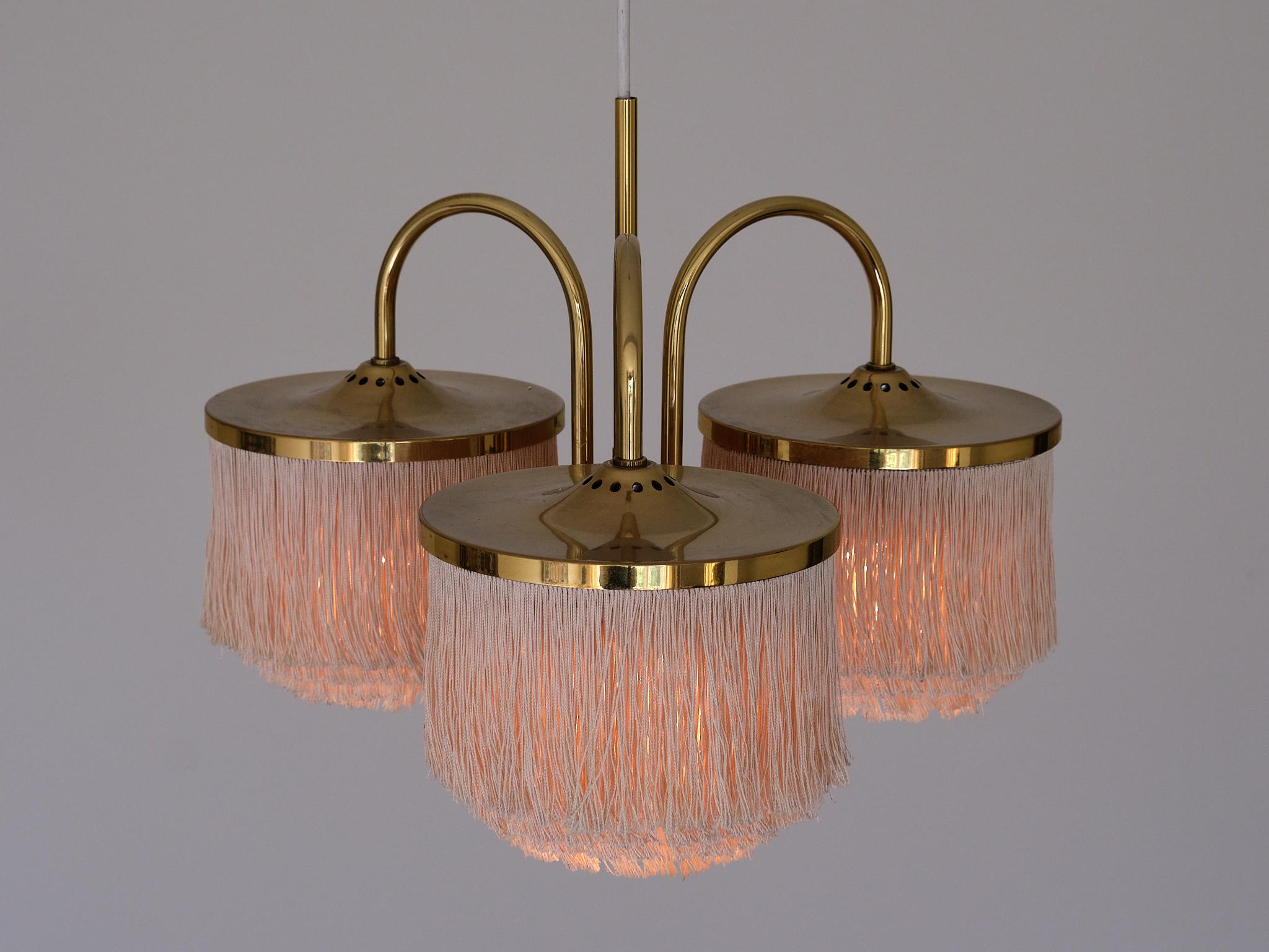Hans-Agne Jakobsson T608 Three Arm Pendant Light, Brass and Silk, Sweden, 1960s 5